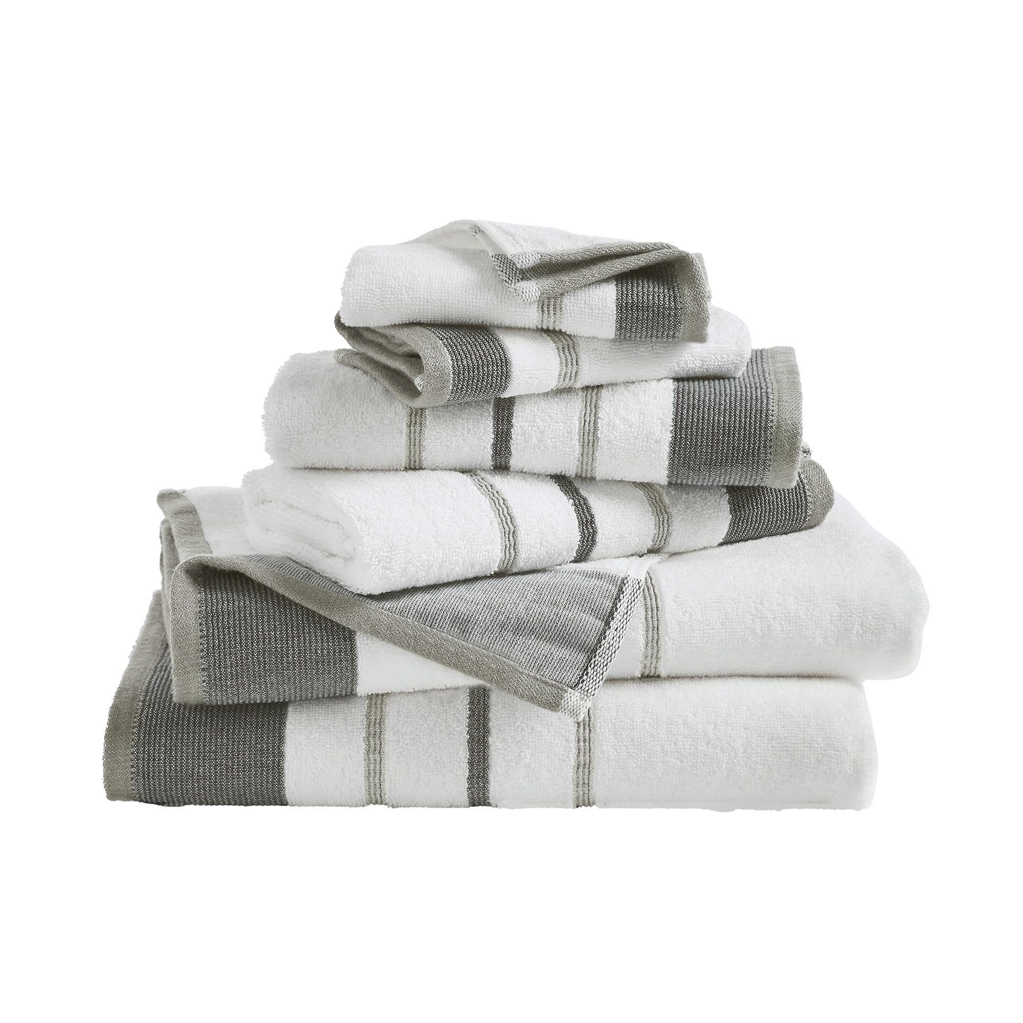 Great Bay Home 6-Piece Luxury Hotel/Spa 100% Turkish Cotton Striped Towel Set, 500 GSM Includes Bath Towels, Hand Towels and Washcloths Noelle Collection (Dark Grey/Light Grey)