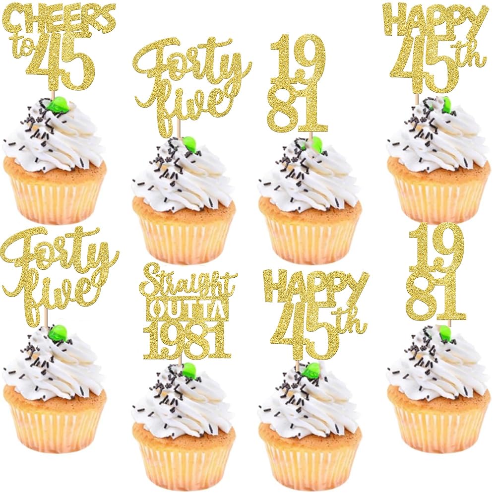 30PCS Straight Outta 1981 Cupcake Toppers Gold Glitter Forty Five Happy 45th Birthday Cupcake Picks Cheers to 45 Years Cake Decorations for 45th Birthday Anniversary Party Decoration Supplies