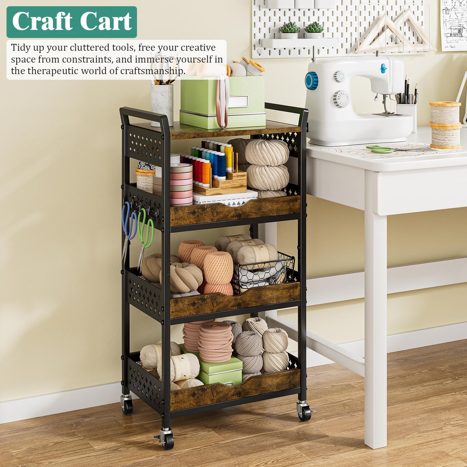 Giwil 4-Tier Rolling Storage Cart, Small Coffee Bar Crafts Makeup Cart with Wooden Top Snack Organizer for Pantry, Utility Kitchen Cart On Wheels for Onions Potatoes, Black