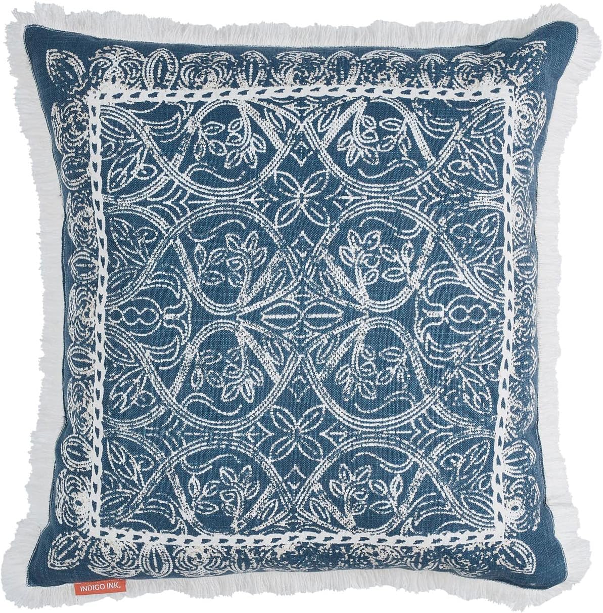 Indigo Ink - Decorative Pillow, Medallion Pillow with Fringe, Throw Pillows for Couch or Bed, Boho Home Decor, 20" x 20" (White Denim Collection, Navy Blue) 20" x 20" White Denim Navy Blue( 2 pcs )