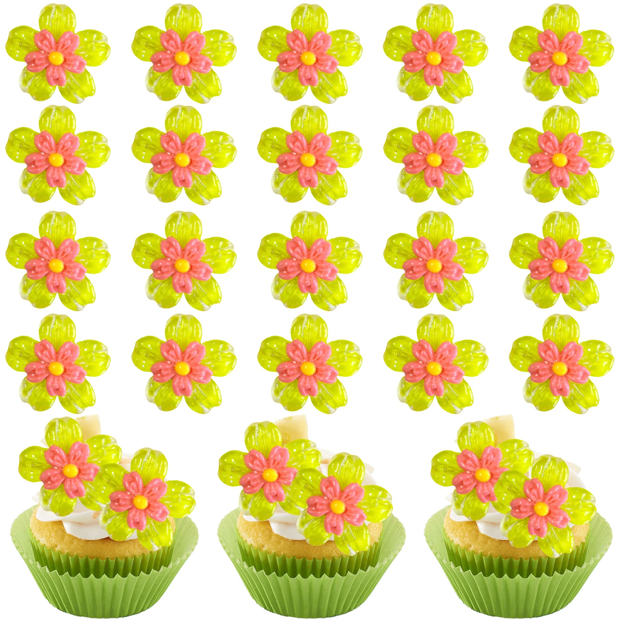 Gyufise 30Pcs Cherry Blossom Cupcake Toppers Peach Blossom Flowers Cupcake Picks Flowers Birthday Decorations for Bridal Engagement Baby Shower Birthday Wedding Party Supplies Green 3