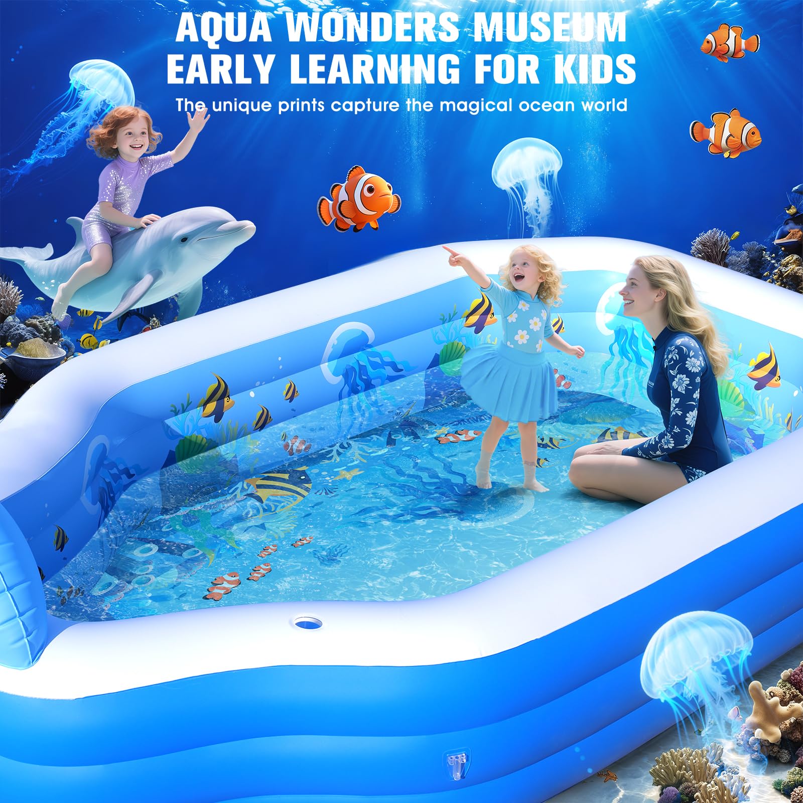 ChlorBlu Piscina Hinchable Grande con Toldo, 300x190x55cm Piscina Hinchable Adultos, Piscinas Hinchable Rectangular Resistentes y Gruesas, Piscinas Hinchable Familiar para Jardín Exterior