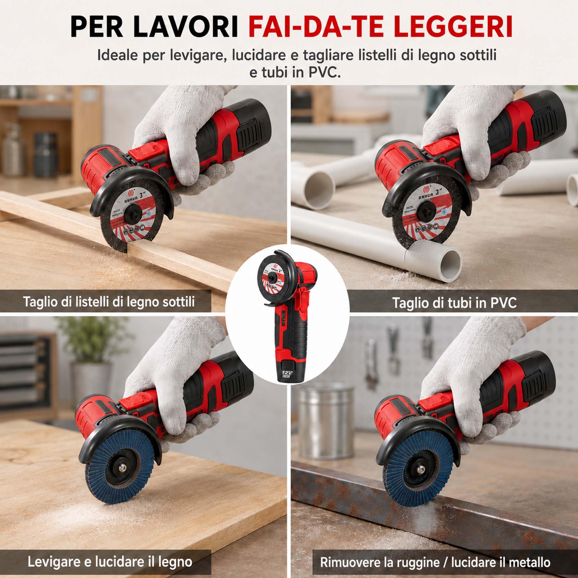 Mini smerigliatrice angolare a batteria, 12 V, 76 mm, senza spazzole, con 2 batterie da 1500 mAh e 8 dischi, 19500 giri/min, smerigliatrice elettrica multifunzione per legno e piastrelle (rosso)