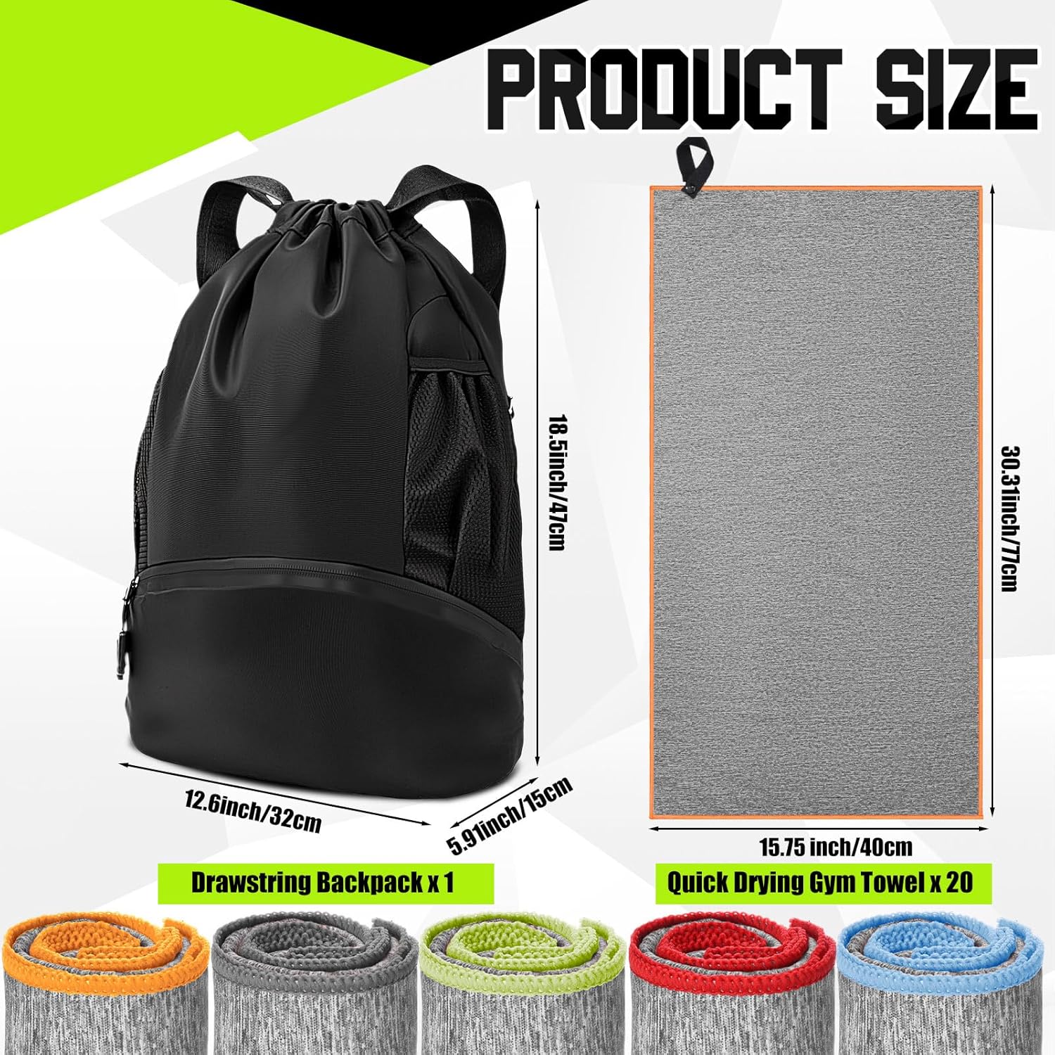 Peryiter 21Pcs Sports Drawstring Backpack and Gym Towels Microfiber Quick Dry Sweat Towel and String Swim Gym Bag Workout Accessories for Women Men Exercise Fitness Working Out Yoga Running