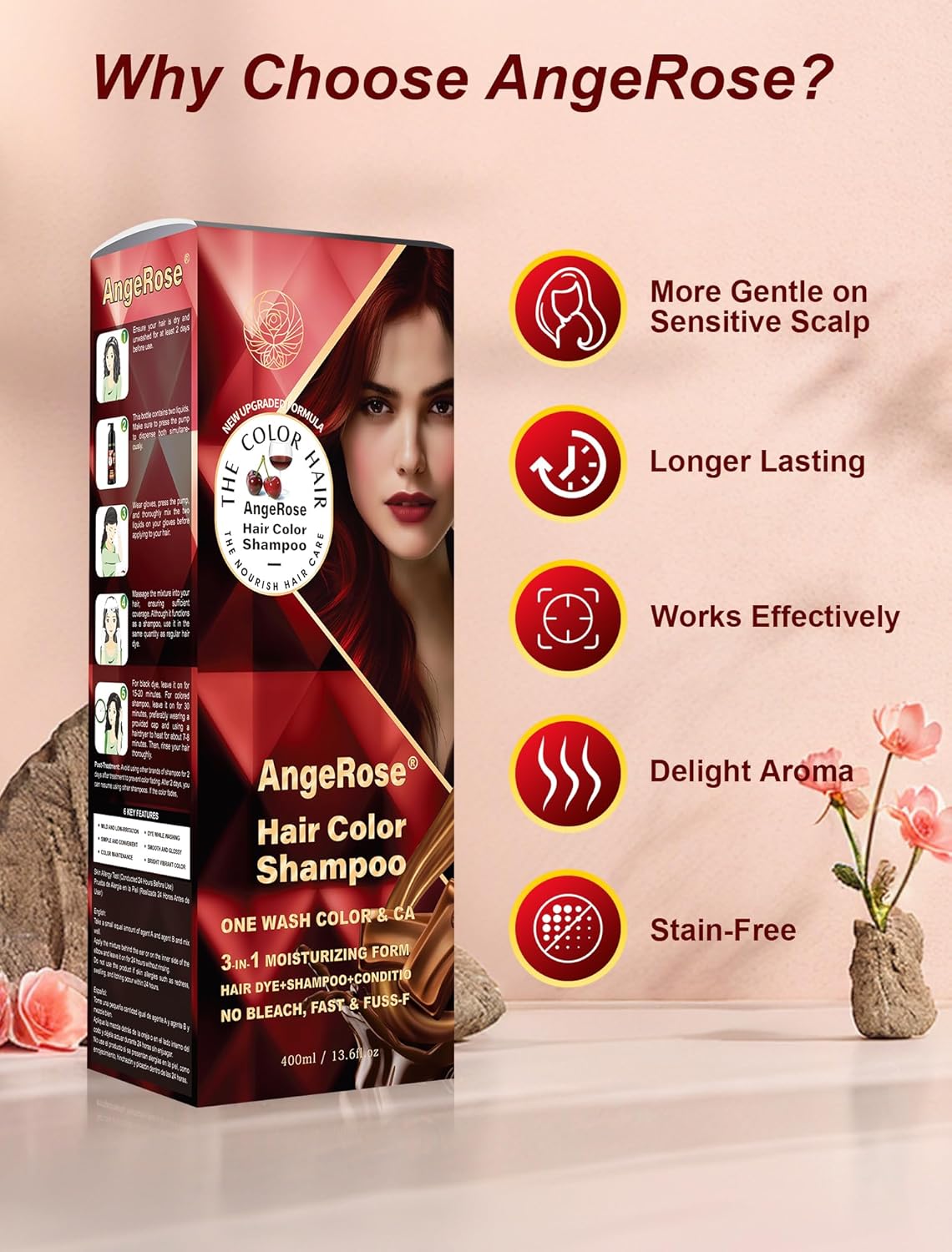 Wine Red Hair Dye Shampoo 3 in 1, Natural Hair Dye to Cover Gray Hair, 400 ML