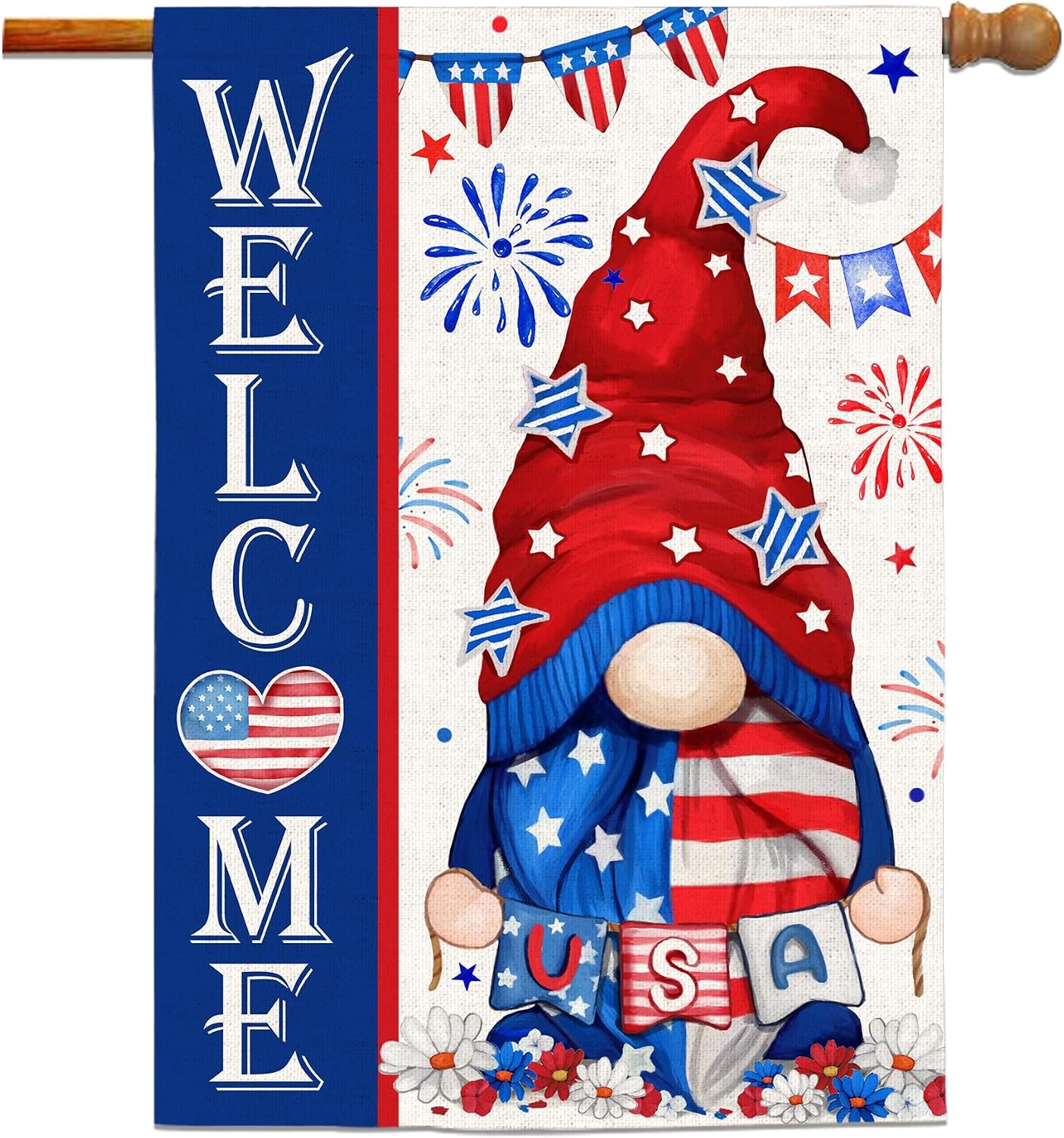 4th of July Flag, Patriotic Flags 28 x 40 Double Sided, Fourth of July Gnomes Burlap House Flag, Memorial Day Independence Day Welcome large Lawn Signs Banners for Home Outdoor Outside