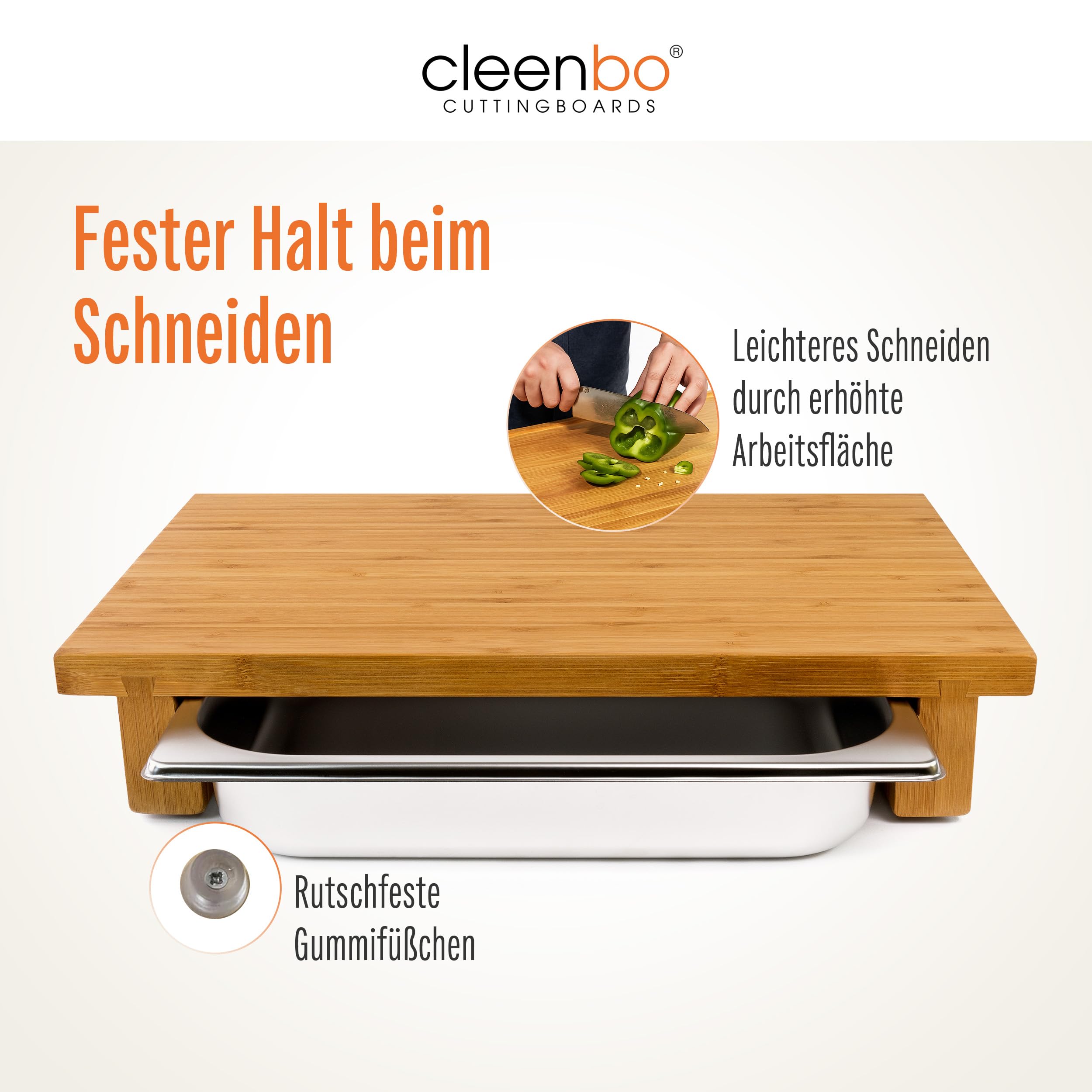 Schneidbrett mit Auffangschale "Classic bamboo GN" Profi Holz Küchenbrett aus geöltem Bambus, Schneidebrett mit Gastro Auffangbehälter (Edelstahl Schublade) Bambusbrett Maße: 43 x 29 x 7,5 cm
