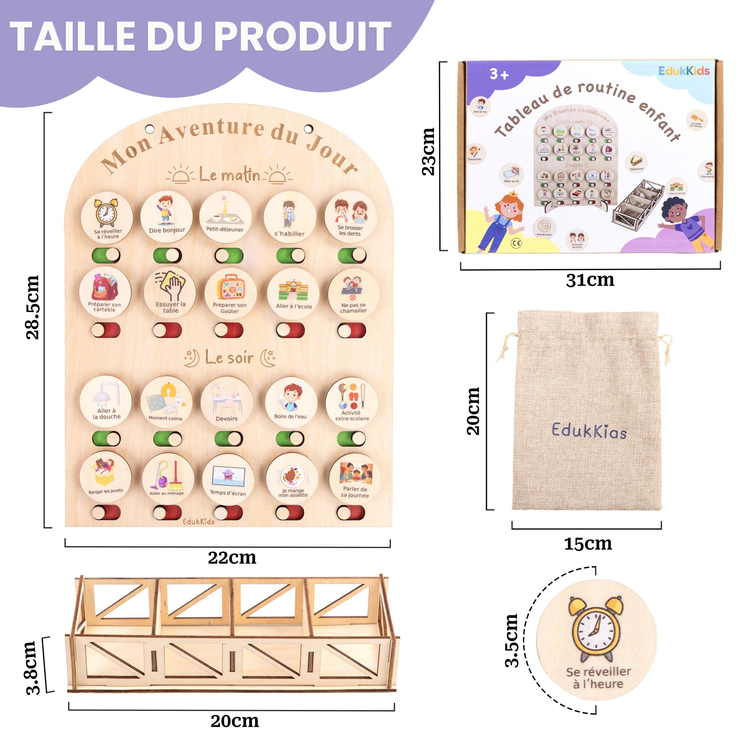 Tableau tâches quotidiennes enfant en bois– Planning Journalier Montessori avec 50 tâches et Pictogrammes Organisateur visuel éducatif - Aide à l'organisation et à l' autonomie de ton enfant