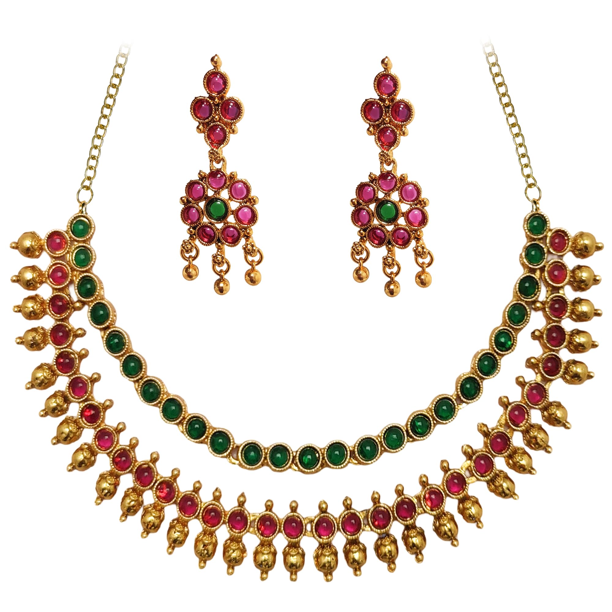 THIRMA Traditional 2 Layer Green Red stone Collar bone Necklace Jewellery set With Earrings For Women & Girls | Weddings, Party & Festivals (B0CYM4Y5V9) Amazon Price History, Amazon Price Tracker