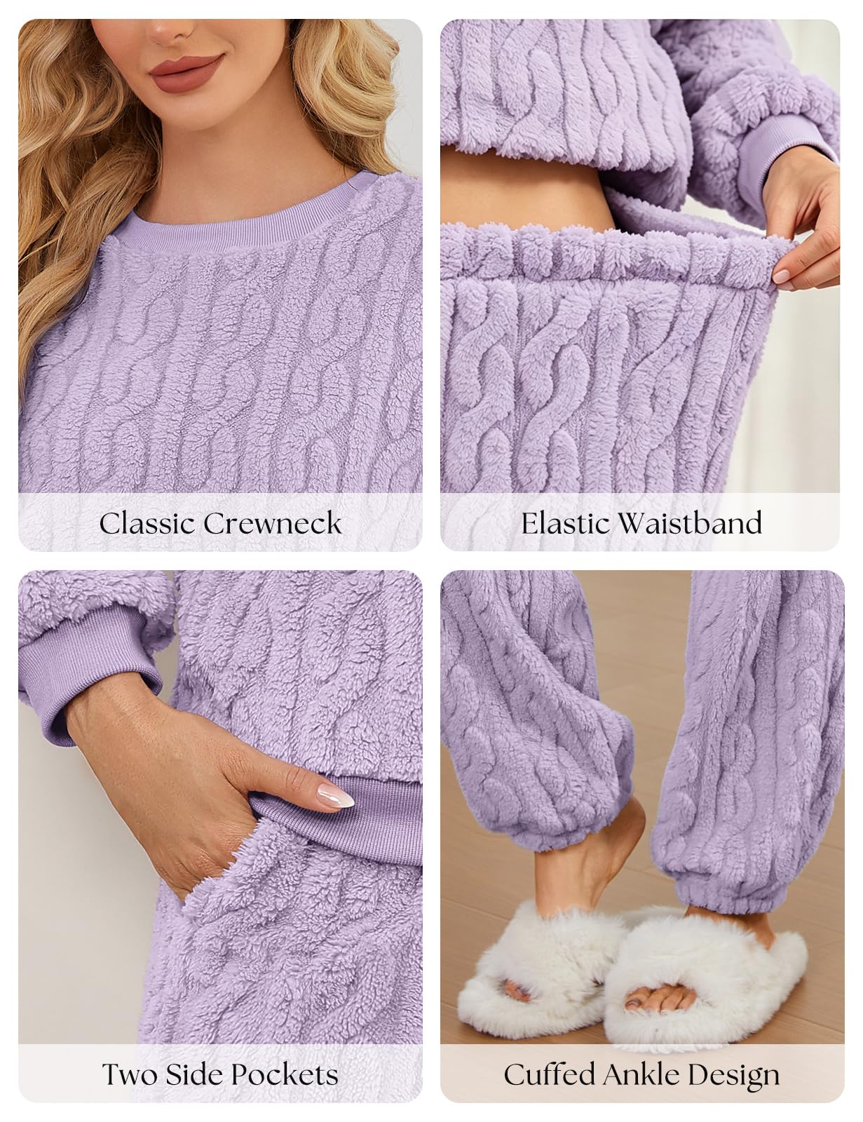 Pigiama Donna Invernale in Pile Caldo Felpato Due Pezzi Set | Pigiami Termico Due Pezzi con Maglia Manica Lunga e Pantaloni, Completo da Casa Ampia Sleepwear Loungewear con Tasche, S-XXL
