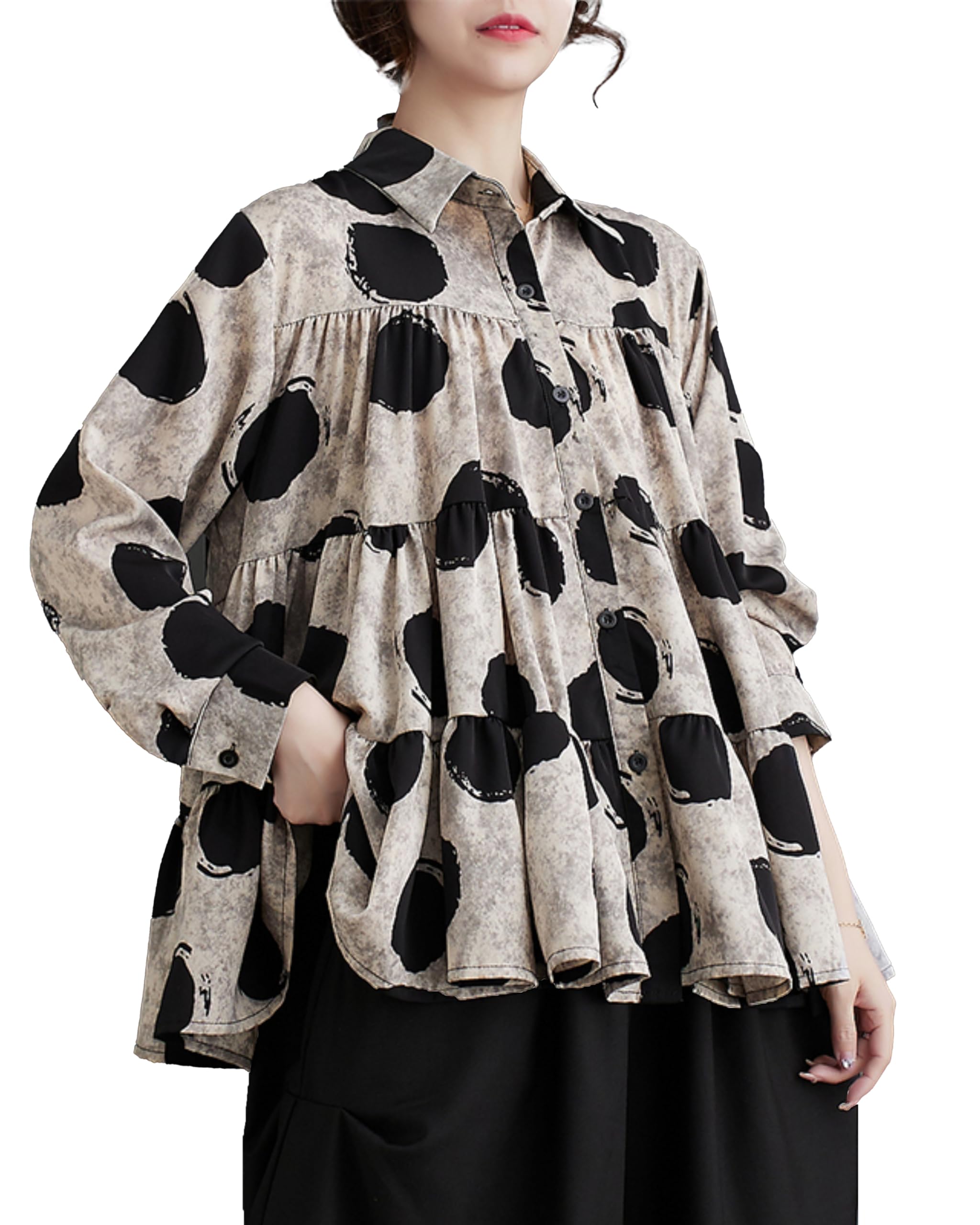 ellazhuWomen's Casual Button Down Flowy Hem Polka Dot Oversized Shirt GZ129 A