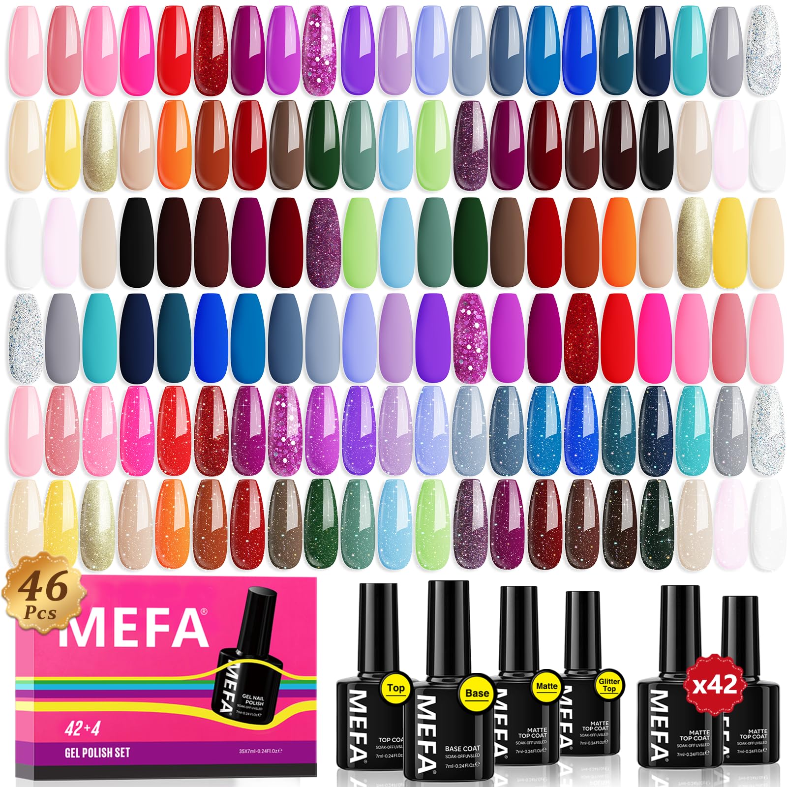MEFA 46 Pcs Gel Nail Polish Kit, 42 Colors All Seasons Gel Polish Set Colorful Starter Kit with Base Coat & Glitter/Glossy/Matte Top Coat Gel Nail Art Manicure DIY Salon Gifts for Girls