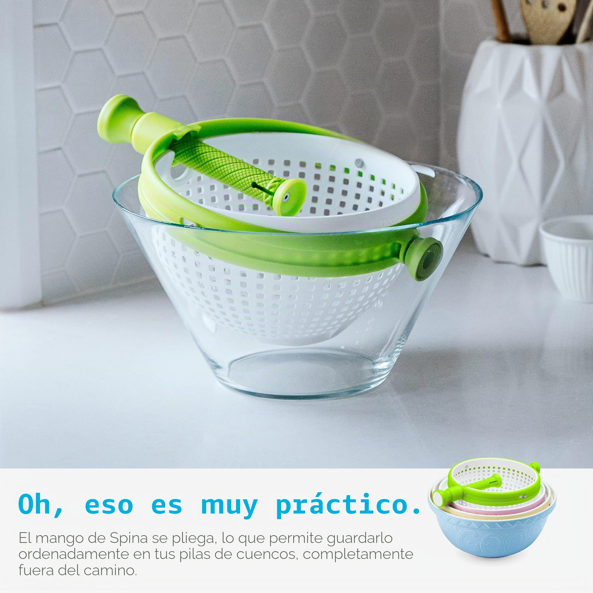 Dreamfarm Spina - Colador de ensalada plegable 2 en 1, fácil de usar, para ensaladas, frutas, verduras, lechuga, color blanco/verde | Colador para ensaladas, verduras, bayas y pasta, antideslizante, mango de fácil agarre, color blanco y verde