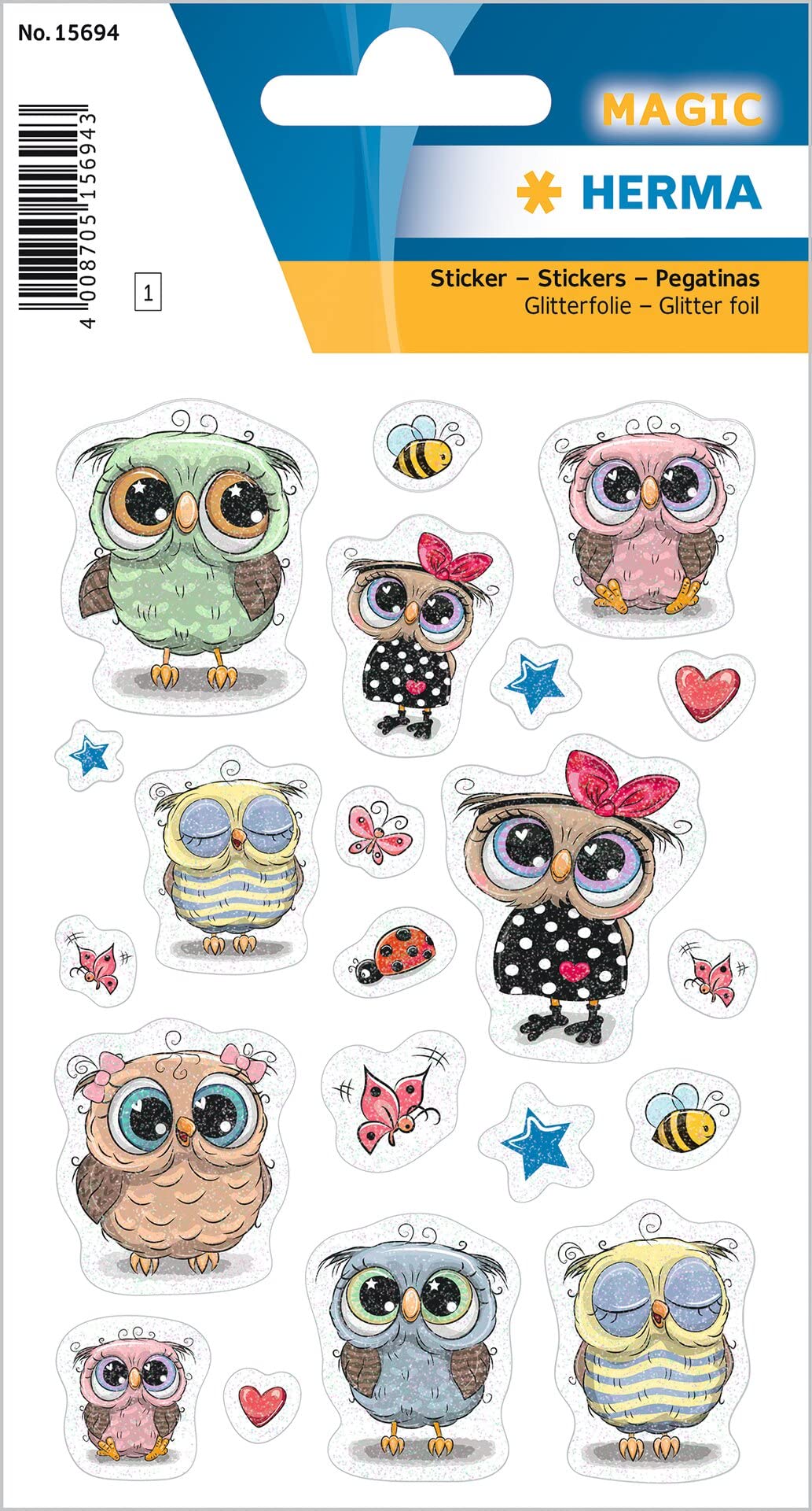 HERMA 15694 Glitter Sticker Euli & Friends, Self-Adhesive Stickers Made of Glitter Film for Boys, Girls or Sticker Album, 15 Animal Stickers for Children, Colourful