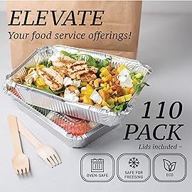 Spare Essentials (110 Pack) 2.25LB Aluminum Containers with Lids 8.5x6 - Disposable Foil Pans for Takeout, Baking, Freezing, Food Storage - Aluminum Pans, To Go Containers with Plastic Lids