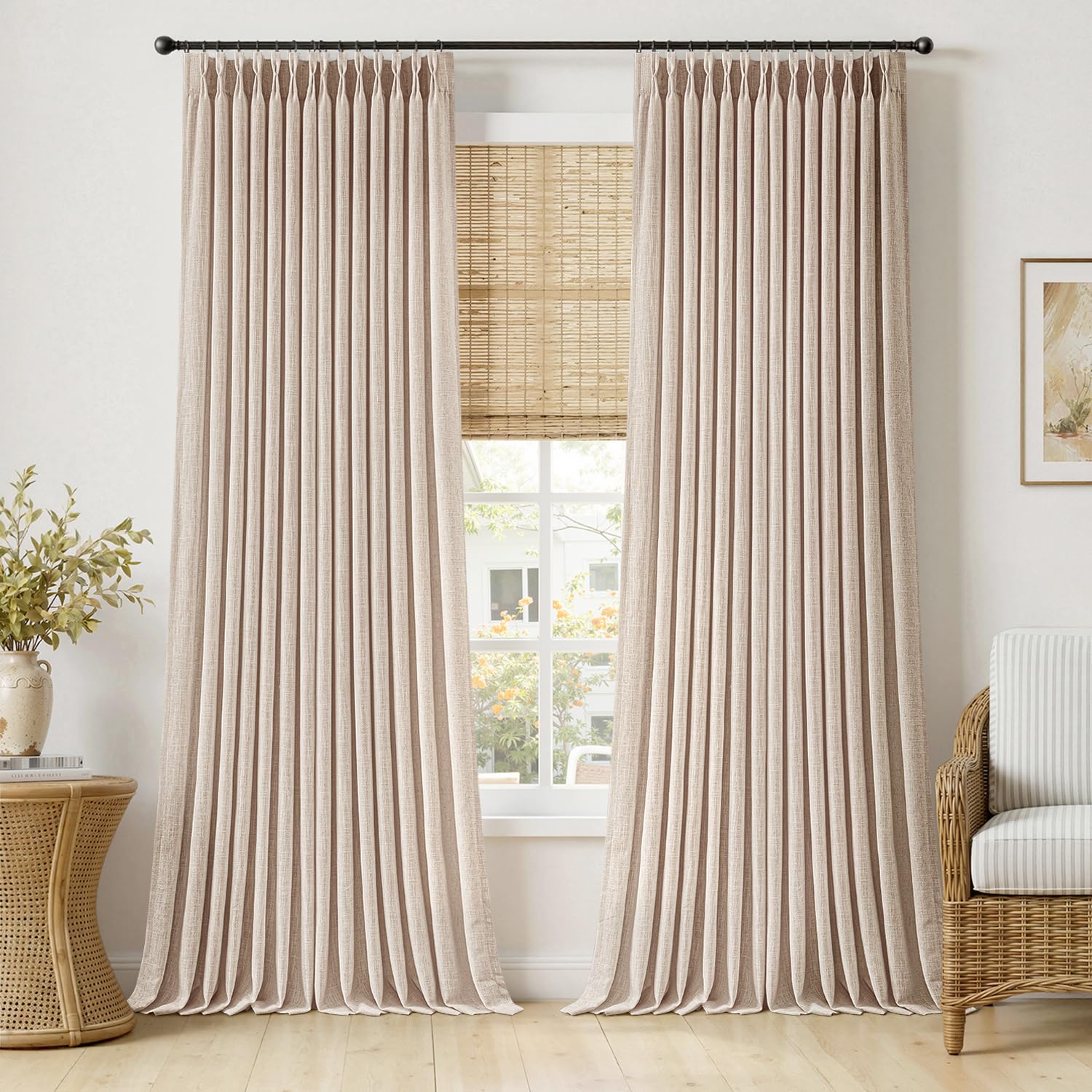 MIULEE Pinch Pleated Thick Linen Curtains 108 Inch Length Sand Beige | 2 Panels for Living Room Bedroom, Extra Long Memory Trained Pinch Pleat Drapes Light Filtering, Floor to Ceiling Curtains