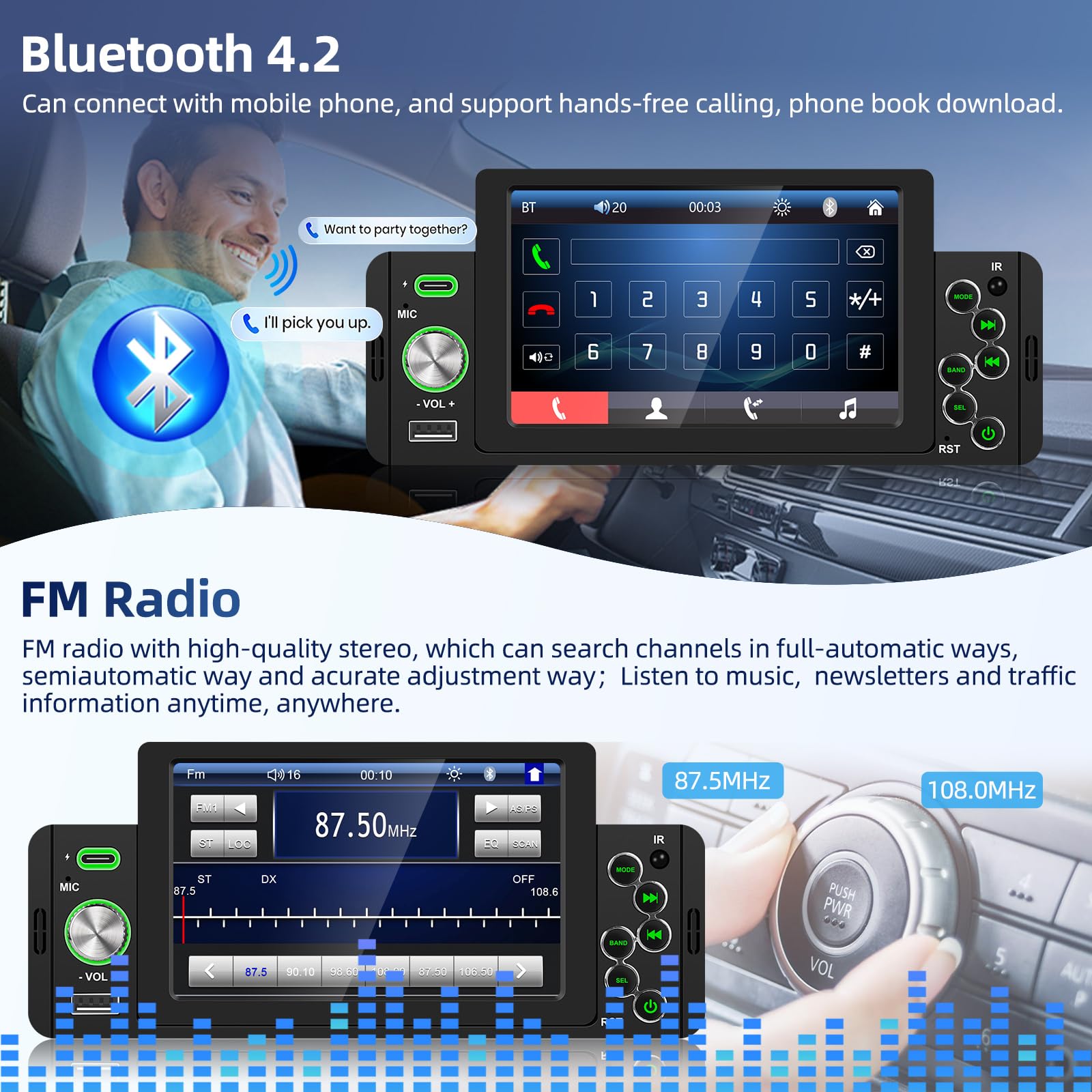 Podofo Autoradio 1 Din con Sistema Vivavoce Bluetooth, Autoradio da 5 Pollici con Schermo, Supporto Ricevitore MP5 FM, Collegamento Specchio, Telecomando, SWC + Telecamera Posteriore e Microfono