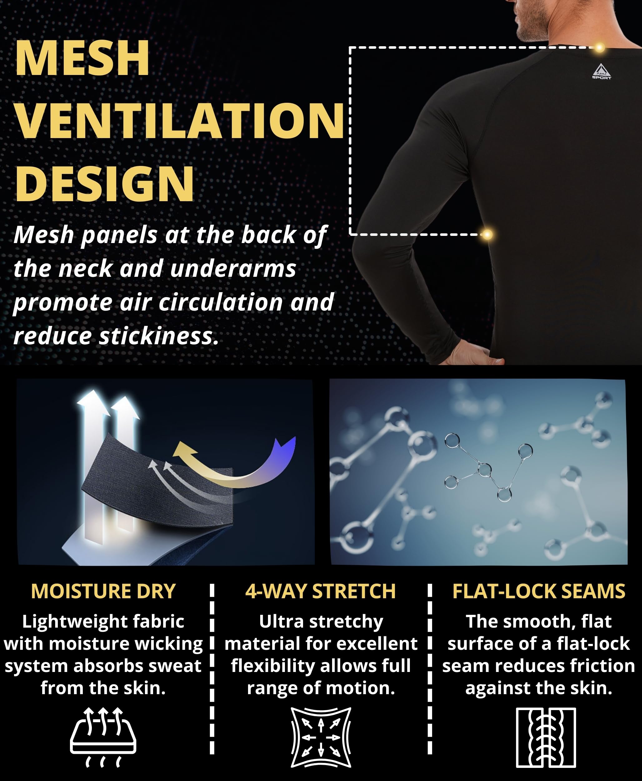 AMZSPORT Maglia Compressione Uomo Confezione da 3 Maglia Termica Manica Lunga Maglietta Palestra Compression Shirt Ciclismo Running Sportiva