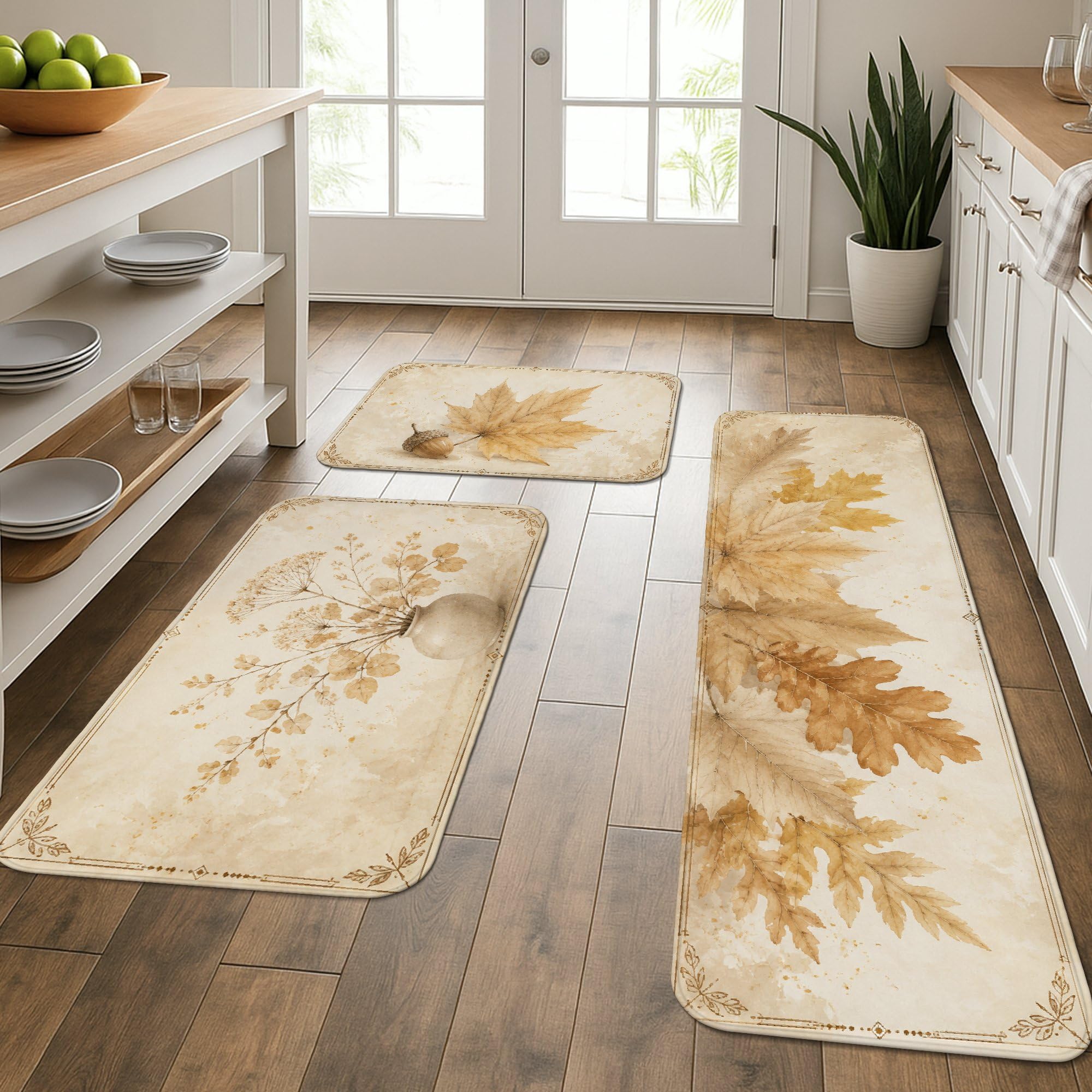Tapis de cuisine lot de 3 motif feuilles rustiques lavables pour évier et entrée