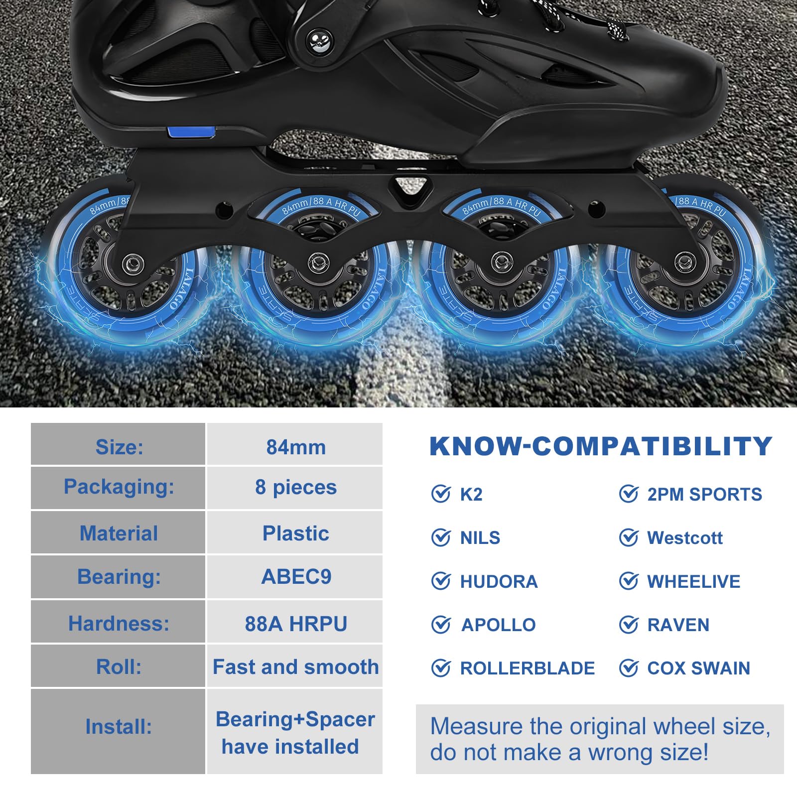 LALAGO Inline Skate Rollen 84mm, 8 Stück Inline Skate Räder 88A SHR PU, Inliner Rollen mit Kugellager ABEC 9, Indoor-/Outdoor-Rollschuh-Räder für K2 Hudora Gonex Apollo Inline Skate