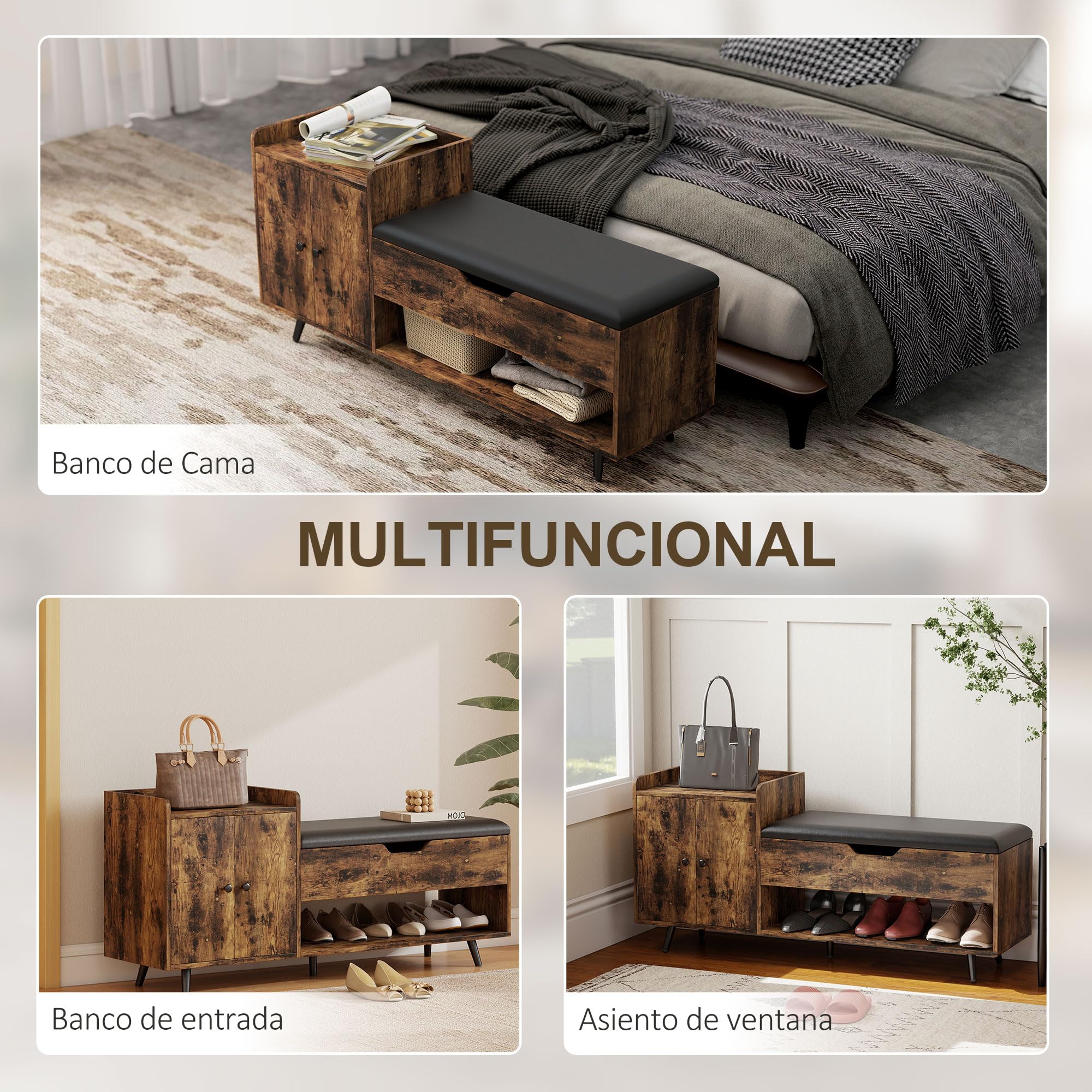 HOMCOM Banco Zapatero, Banco Recibidor Industrial, con Asiento Acolchado, Compartimento Oculto, Estantes, Puertas, Estante Abierto para 3 Pares de Zapatos, para Entrada, 127x35x59 cm, Marrón Rústico