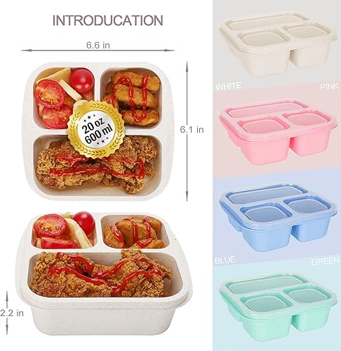 Miniatura 3 de Caja Bento para niños, paquete de 4 recipientes de 3 compartimentos para preparación de comidas, contenedores de almuerzo reutilizables, recipientes