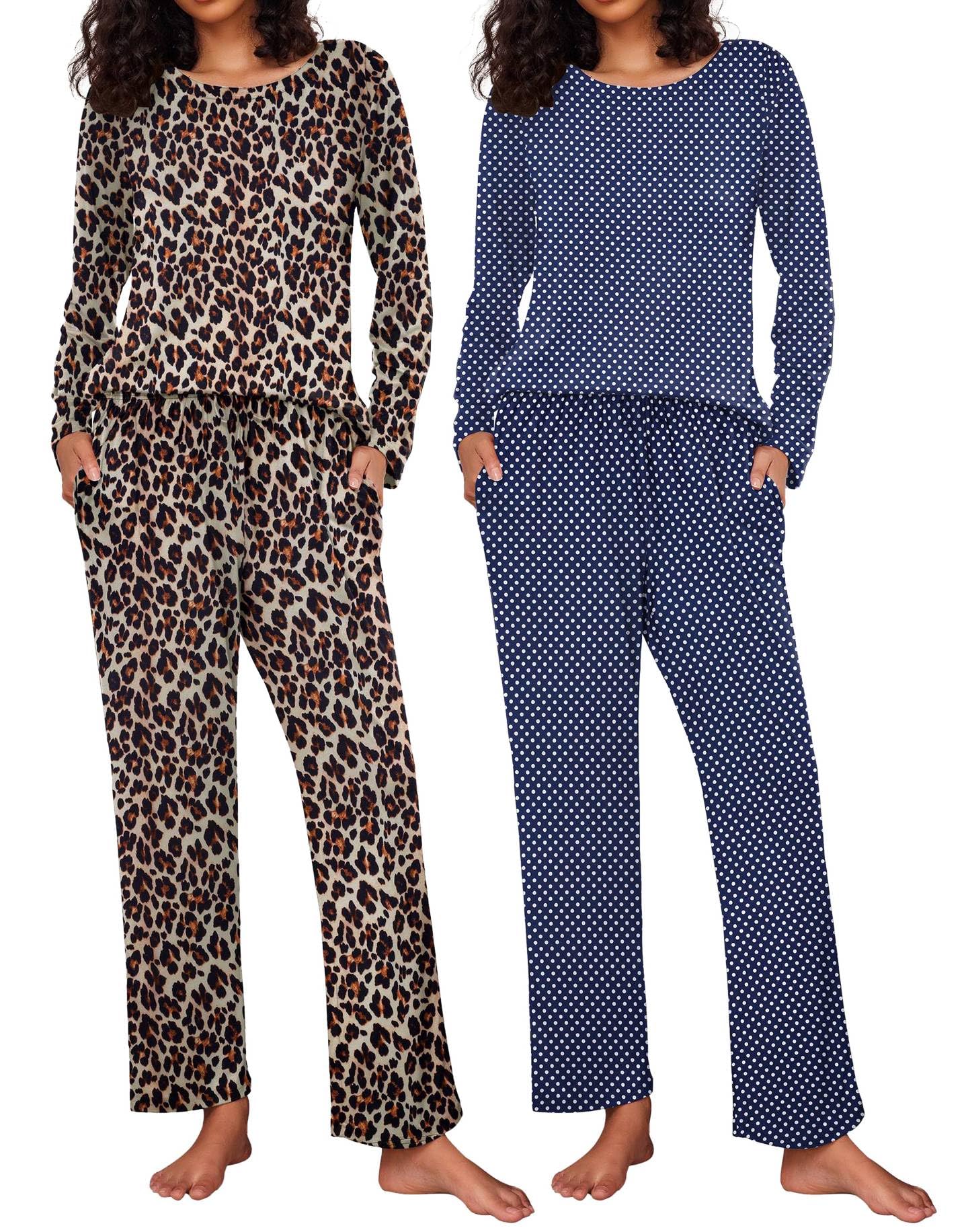 Ekouaer 2 Pack Womens Pajama Sets Long Sleeve Pjs Lounge Set Soft Comfy Sleepwear Winter Loungewear