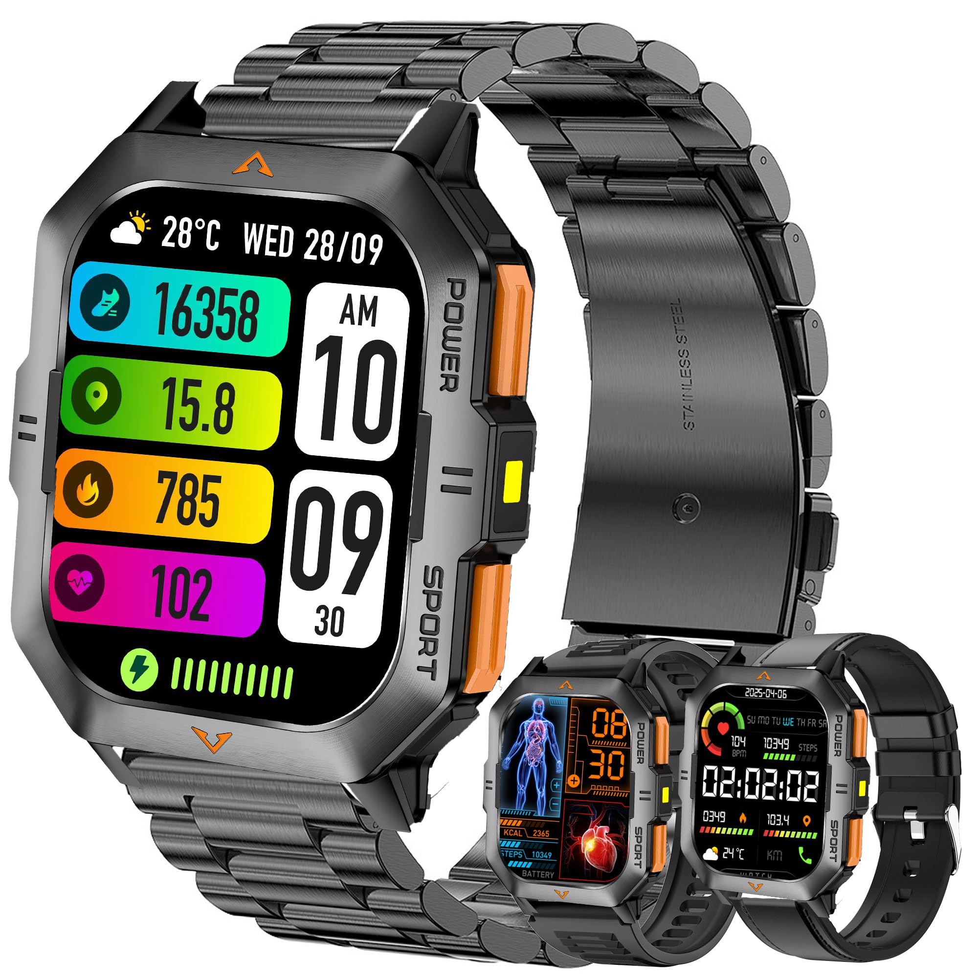 2,01" AMOLED Smartwatch Herren mit Telefonfunktion, 430mAh Batterie, Sportuhr mit Bluetooth Anrufe Fitnessuhr mit Schlafmonitor Schrittzähler, 5ATM Wasserdicht Smart Watch für iOS Android (Schwarz)