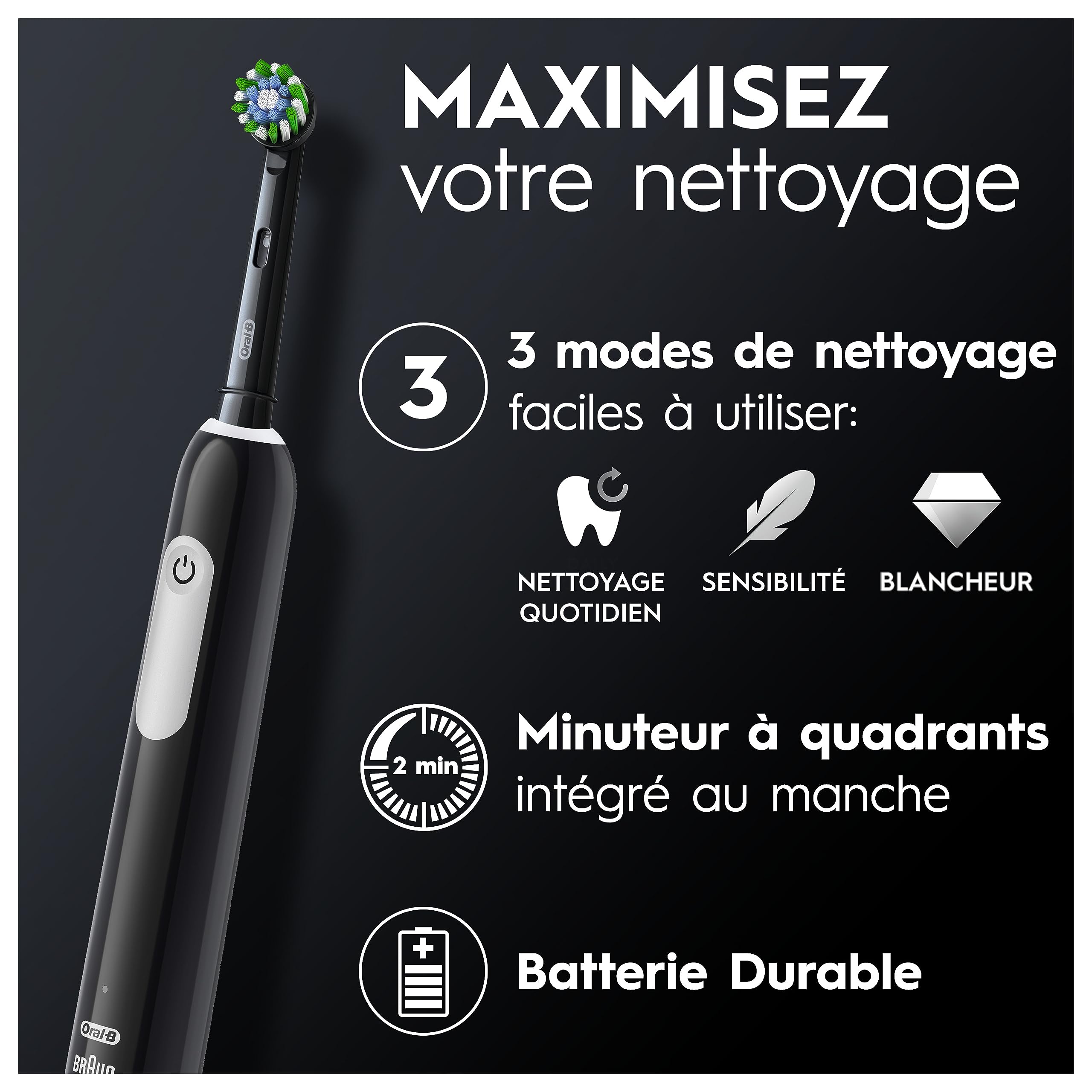 Oral-B Brosse à Dents Electrique Pro 1 avec 3 Brossettes de Rechange, Noire – 3 Modes de Nettoyage dont Douceur, Brossage avec des Oscillo-Rotations et Pulsations, Chargeur, Emballage en Carton