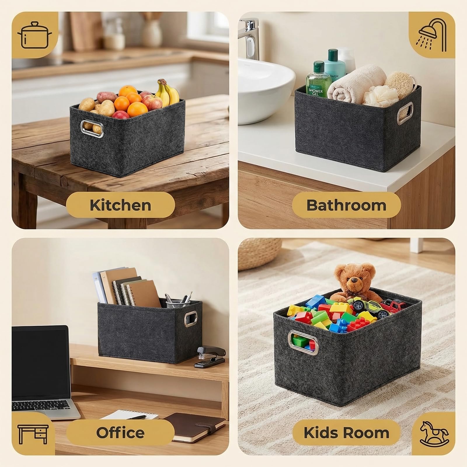Cesta de fieltro de almacenamiento plegable, 30 x 20 x 20 cm, 2 piezas, color negro, ideal para hogar y oficina