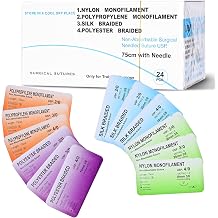 24 Mixed 2/0, 3/0, 4/0 Sutures Thread with Needle, Suture Kit,Suturing Practicing for Students Training Nylon, Polyester, Polypropylene,Silk