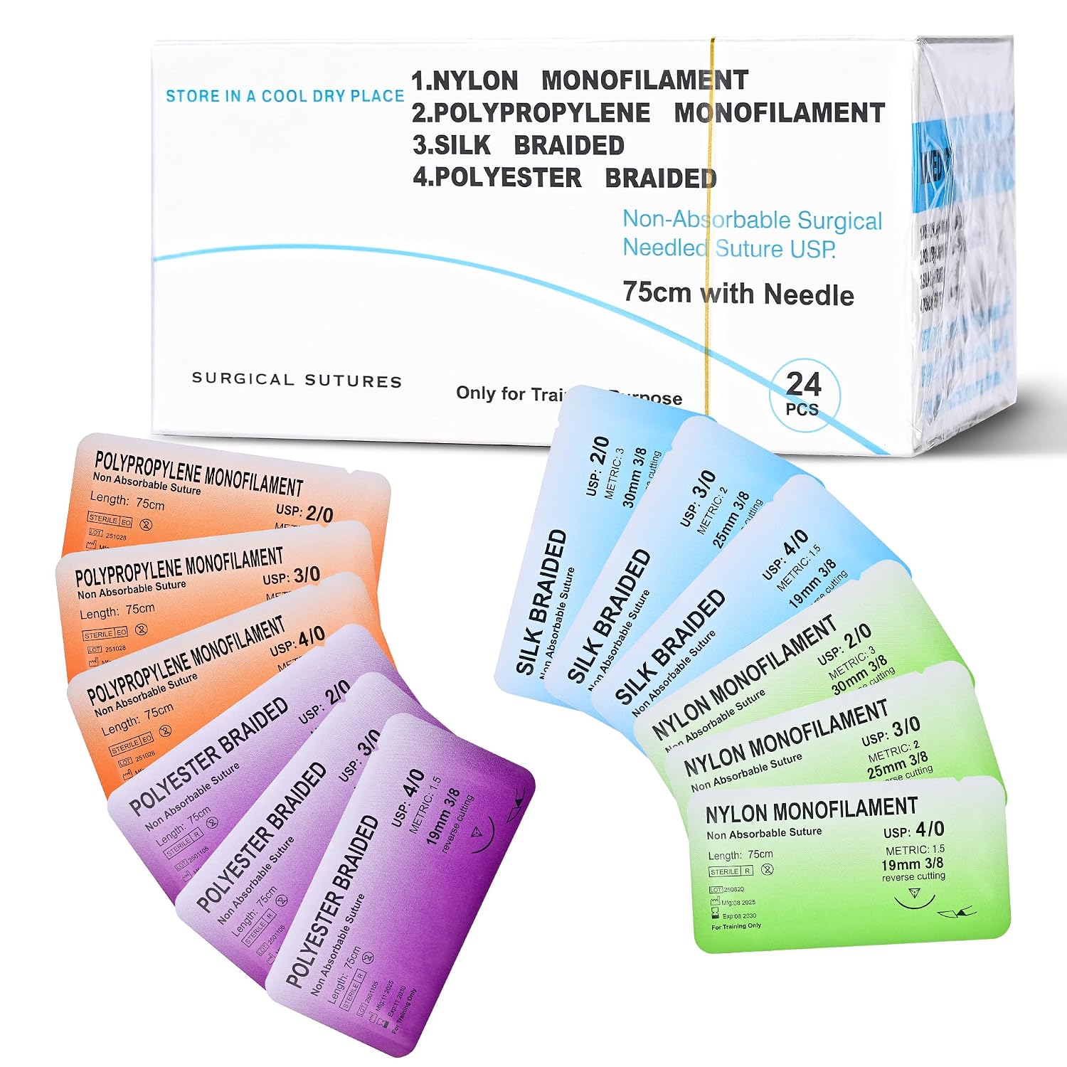 24 Mixed 2/0, 3/0, 4/0 Sutures Thread with Needle, Suture Kit,Suturing Practicing for Students Training (Nylon, Polyester, Polypropylene,Silk)