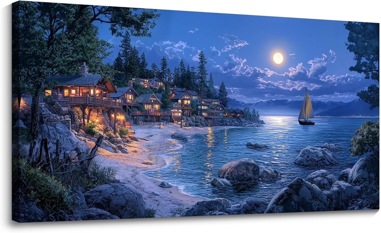 CHATYOUNG Bedroom Ocean Wall Art, Large Moon Night Sea View Canvas Wall Pictures Seashore Navy Blue Modern Artwork Wall Painting for Bedroom Living Room Kitchen Home Office Decor 29x58 IN