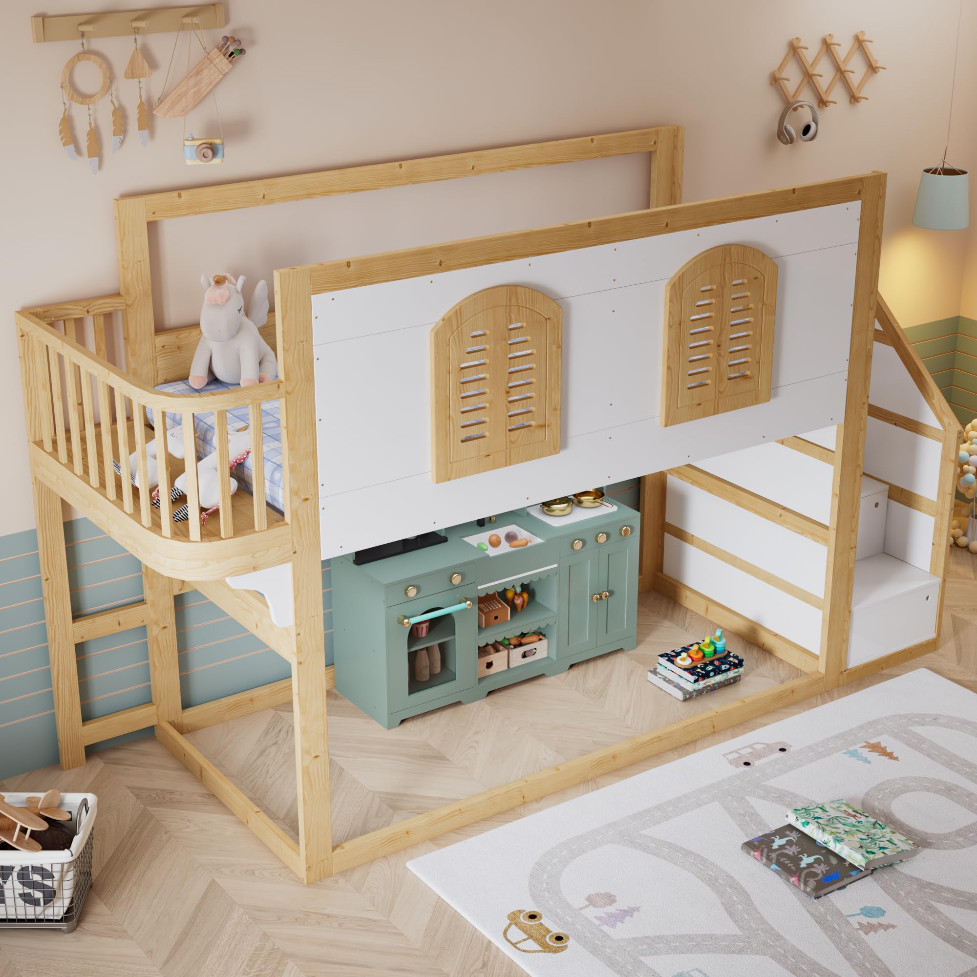 Kinder-Hochbett 90x200 cm, Massivholz Weiß & Natur, Treppenschrank, Spielfläche, Fenster, Sicherheitsgeländer, Lattenrost