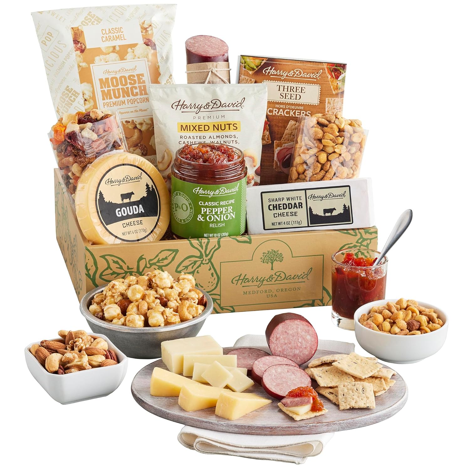 Harry & David Harry's Snack Box Gift Basket – Includes Cheese, Sausage, Trail Mix, Three-Seed Crackers, Pepper & Onion Relish, Mixed Nuts, Dried Fruit, Moose Munch Popcorn®, All Occasions, Gatherings