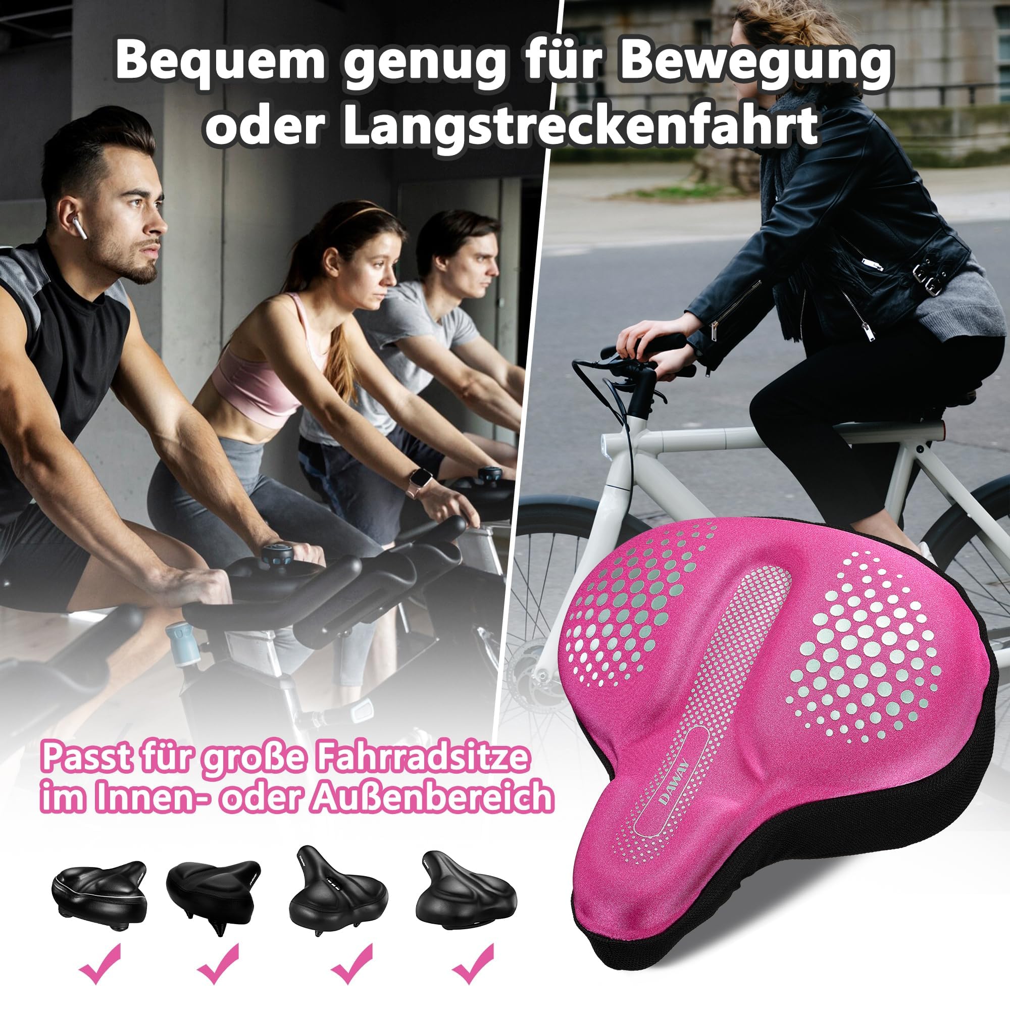 DAWAY Funda acolchada de gel de silicona y espuma viscoelástica para sillín de bicicleta, extra suave y cómoda, para Peloton, bicicleta estática, MTB, cómoda almohadilla para sillín para mujer, hombre