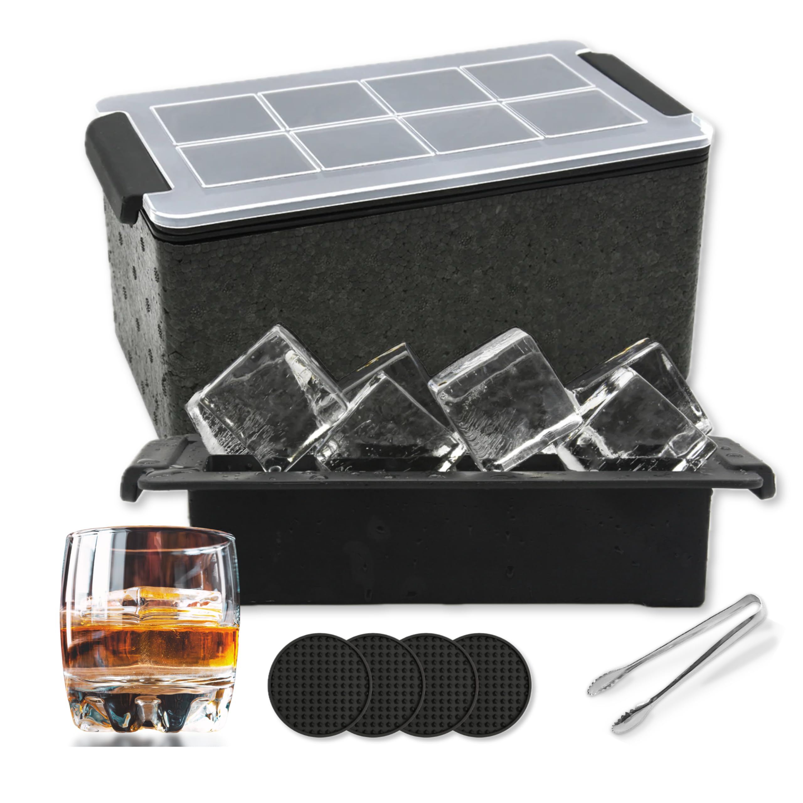 Clear Ice Cube Maker - Clear Ice Cube Mold with Ice Tong & Drink Coasters, 2inch Large Ice Cube Maker, Make 8 Square Ice Cube Mold for Whiskey, Cocktail & Bourbon Drinks, Clear Ice Maker Gift for Men