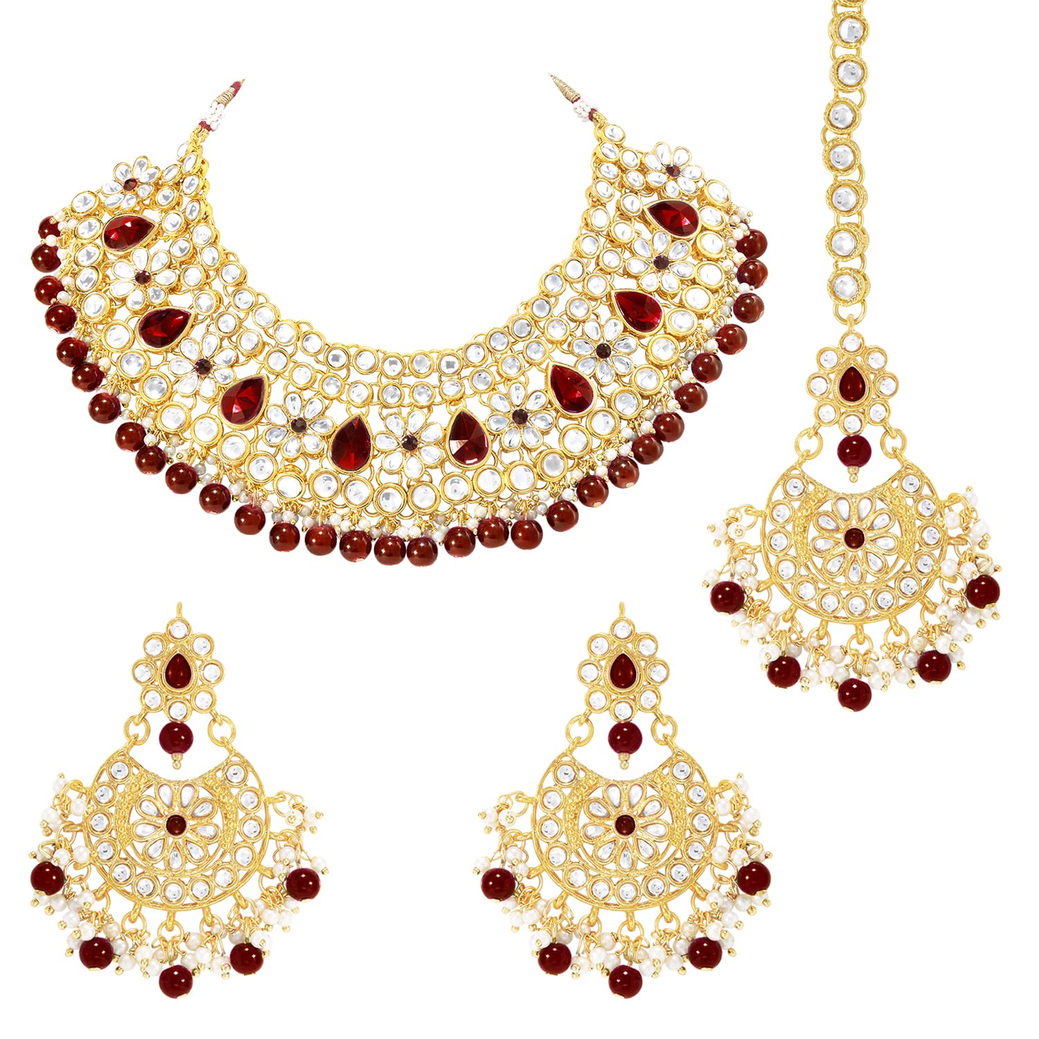 Aheli Collana girocollo Kundan placcata in oro con orecchini Maang Tikka, set di gioielli tradizionali regalo per le donne