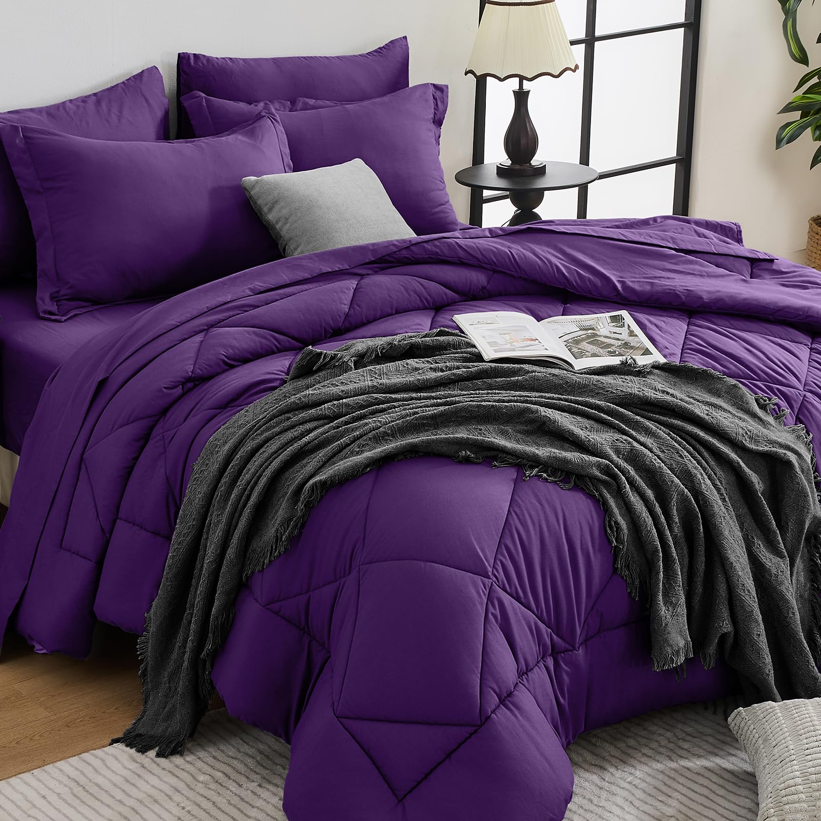 HEVUMYI 7-Piece Full Comforter Set, Purple Bed in a Bag