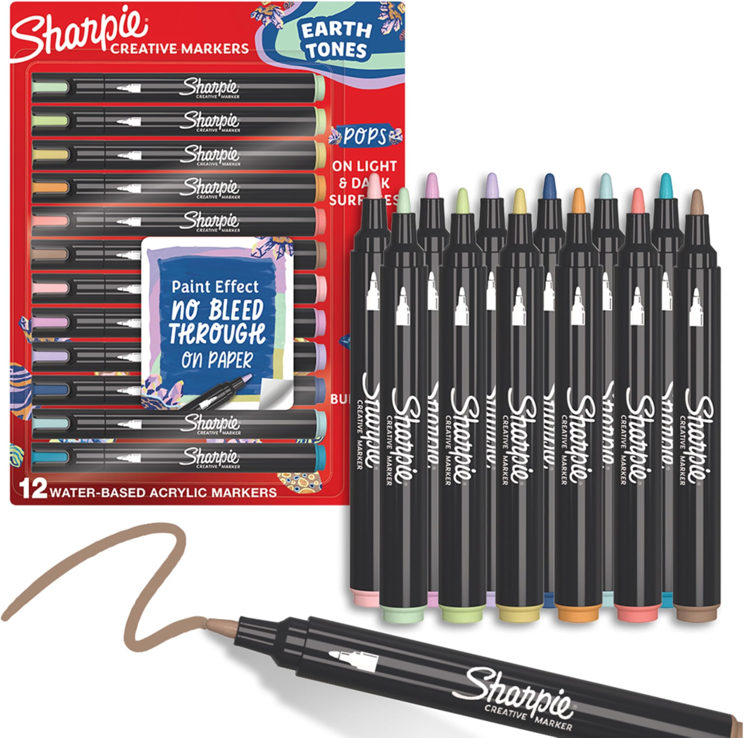 Sharpie Creative Markers, Earth Tones, Water-Based Acrylic, Bullet Tip, 12 Count – Arts & Crafts, School Classroom; Works on Paper, Metal, Wood, Ceramic, Glass, Rock, Canvas