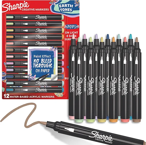 Sharpie Creative Markers, Earth Tones, Water-Based Acrylic, Bullet Tip, Assorted Colors, 12 Count – Arts & Crafts, School Classroom; Works on Paper, Metal, Wood, Ceramic, Glass, Rock, Canvas