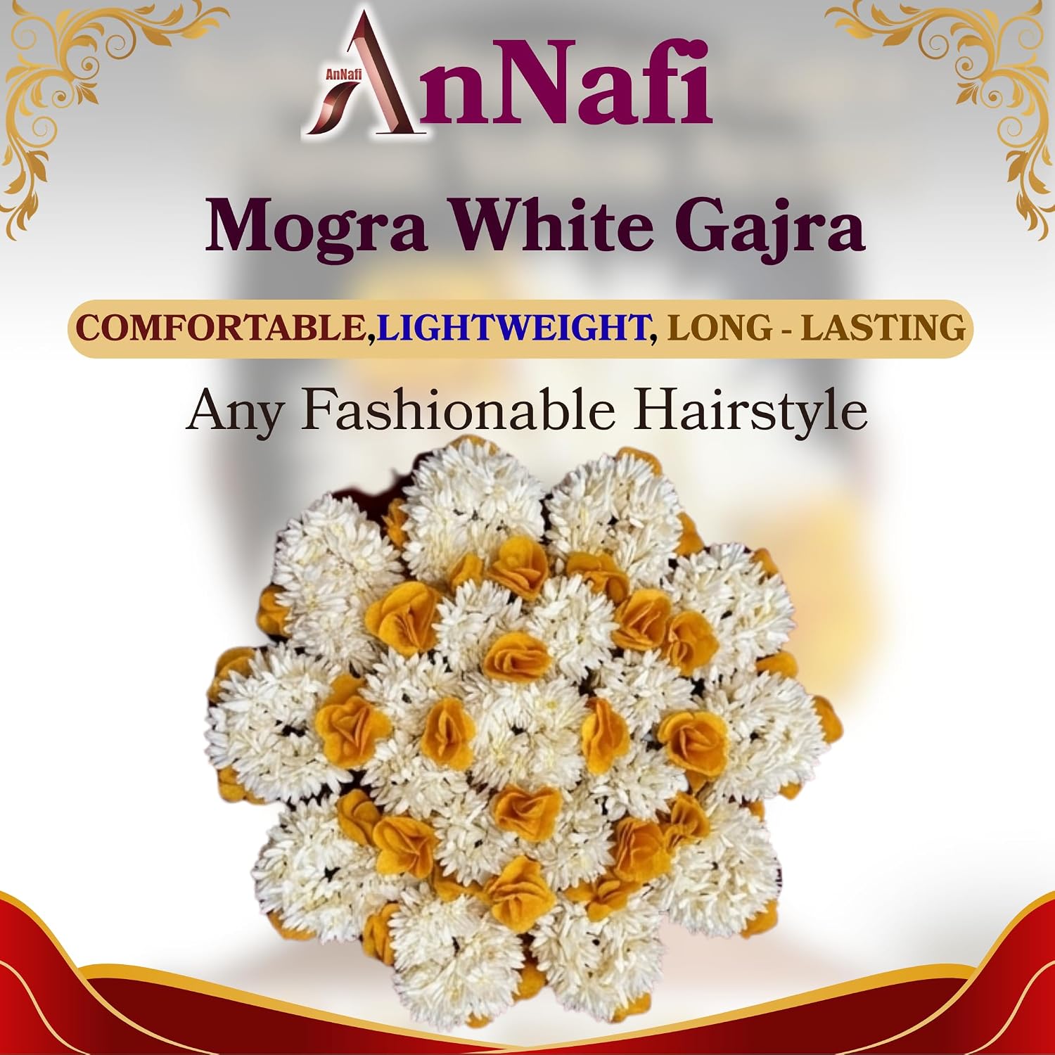AnNafi White Mogra Gajra Hair Accessory - Handcrafted, Reusable Artificial Floral Bracelet & Hair Decoration for Women - Traditional Indian Bridal Hair Accessory & Hand Jewelry - Set of 4, Yellow