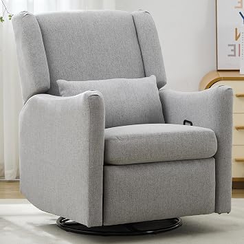 Lazy Boy Glider Recliner Nursery Chair with Wingback, Swivel Rocker for Small Spaces, Thick Cushion Linen Grey 1