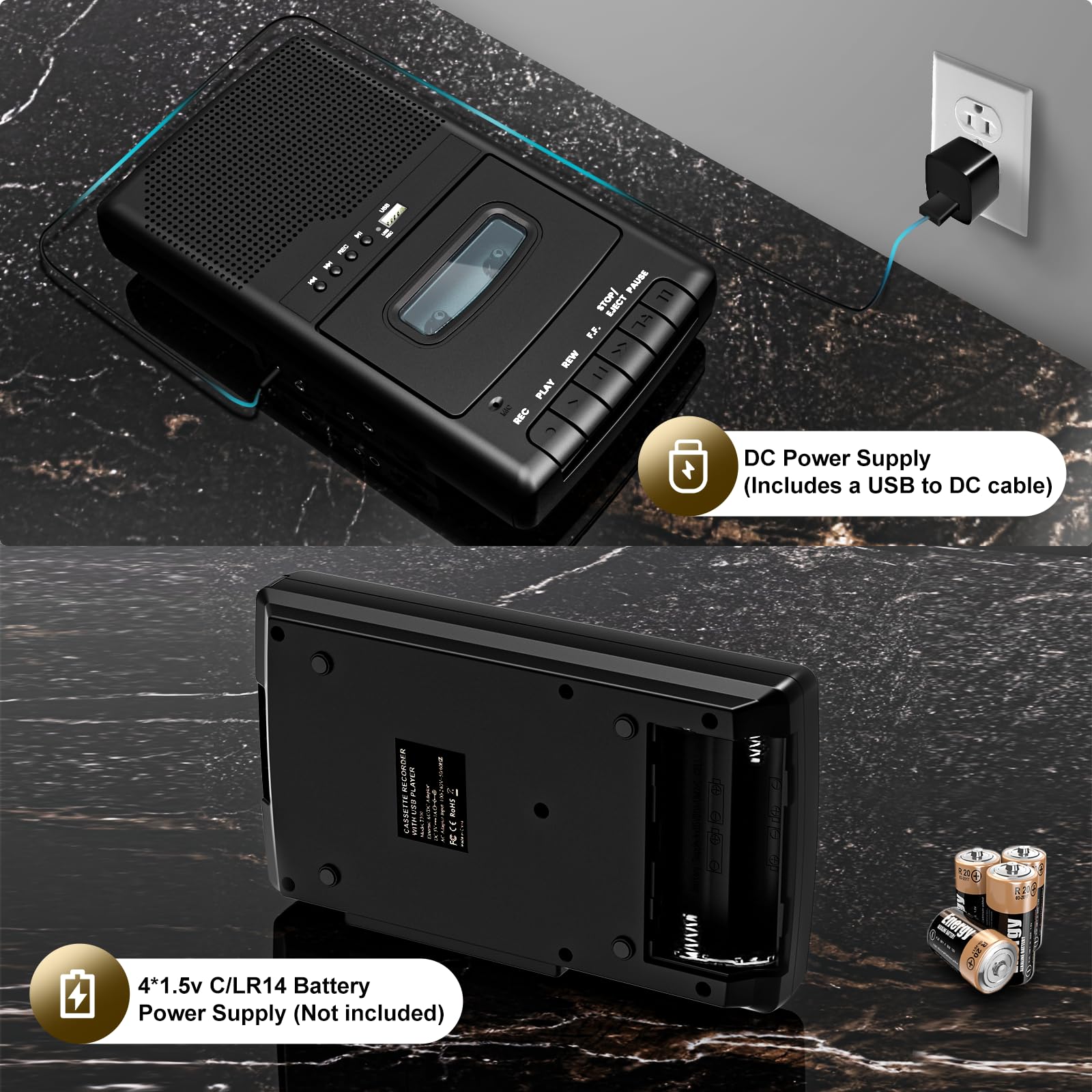 Przenośny magnetofon kasetowy z nagrywaniem One Touch, mobilny odtwarzacz kasetowy i digitizer USB, wbudowany głośnik, wysuwany uchwyt, słuchawki 3,5 mm, czarny