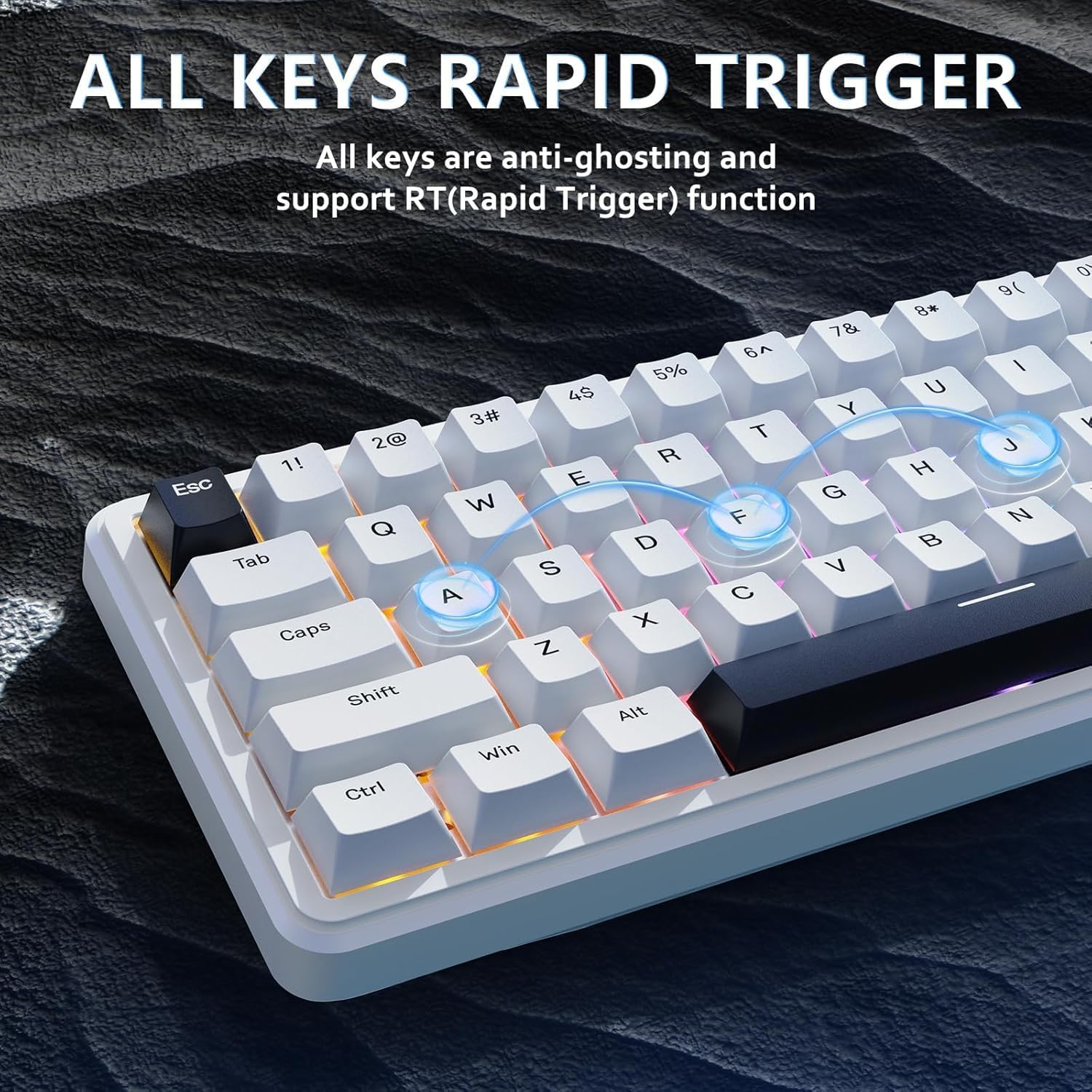 ATTACK SHARK X65 HE keyboard highlighting keys with blue circles and text 'ALL KEYS RAPID TRIGGER'