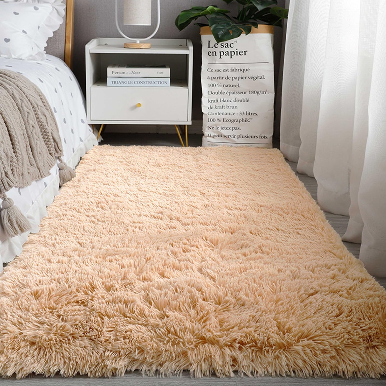 Tapis de salon 160 x 110 cm en velours épais beige avec envers antidérapant