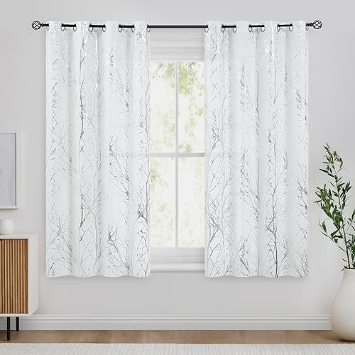 Miniatura 2 de FMFUNCTEX Cortinas metálicas con ojales para dormitorio, sala de estar, 54 pulgadas, estampado de árbol blanco y plata metálico, cortinas