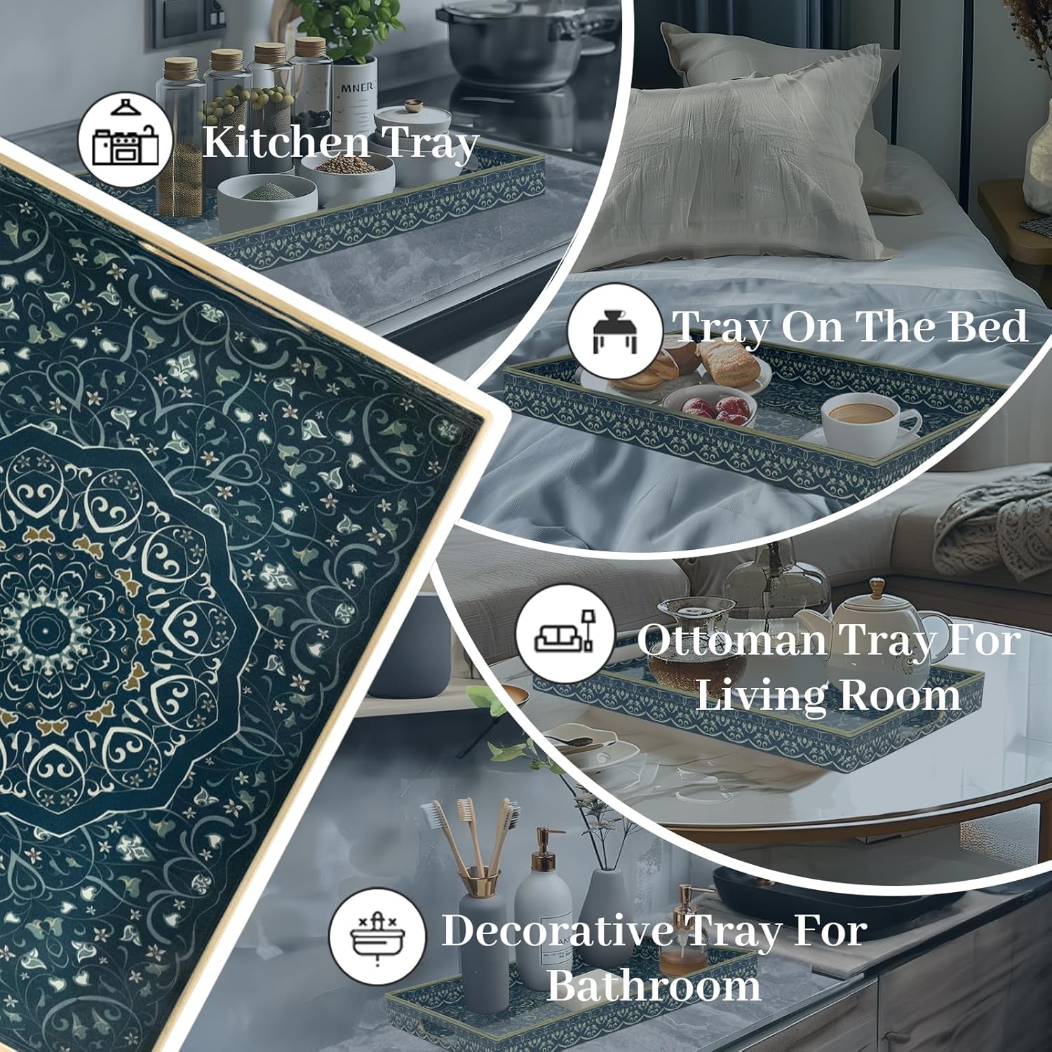 MAONAME Serving Tray with Handles, Plastic Rectangular Tray for Coffee Table, Dark Blue Boho Decorative Trays for Ottoman, Living Room, 15.8" Lx 11.8" W X 1.6" H - Image 7