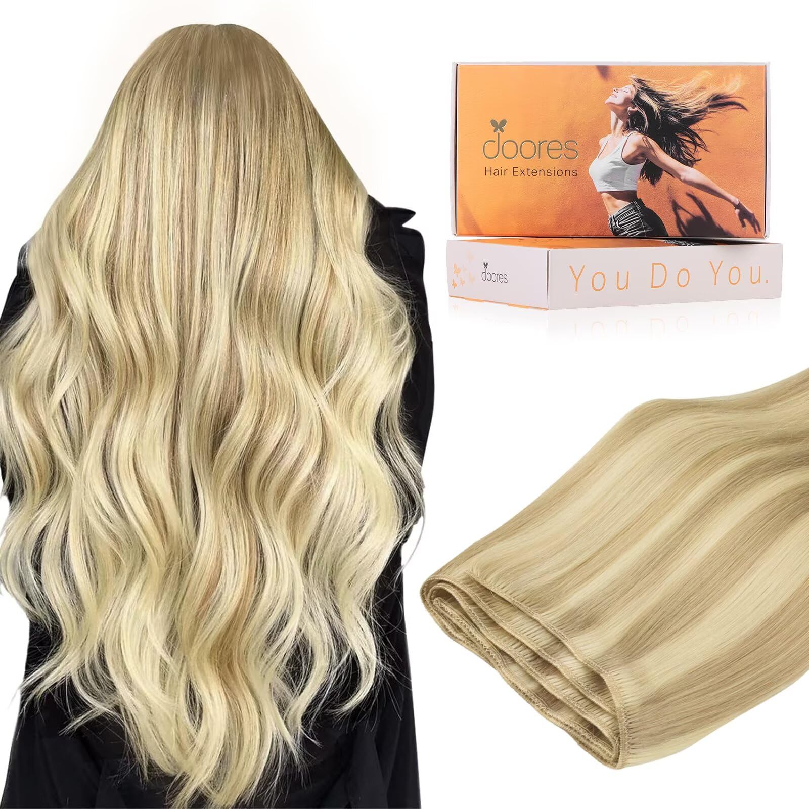 DOORES Weft Hair Extensions Human Hair, 20 Inch 100g Dirty Blonde Highlighted Golden Blonde, Invisible Weft Natural Hair Extensions for Women