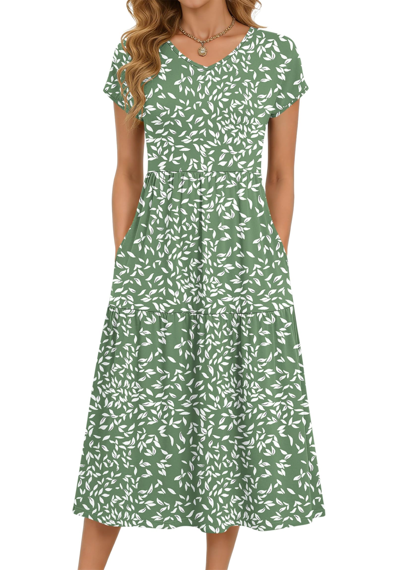 PLOKNRD Robe Longue Femme Été - Taille Haute, Col V, Manches Courtes avec Poches - Volants en Jersey Infroissable